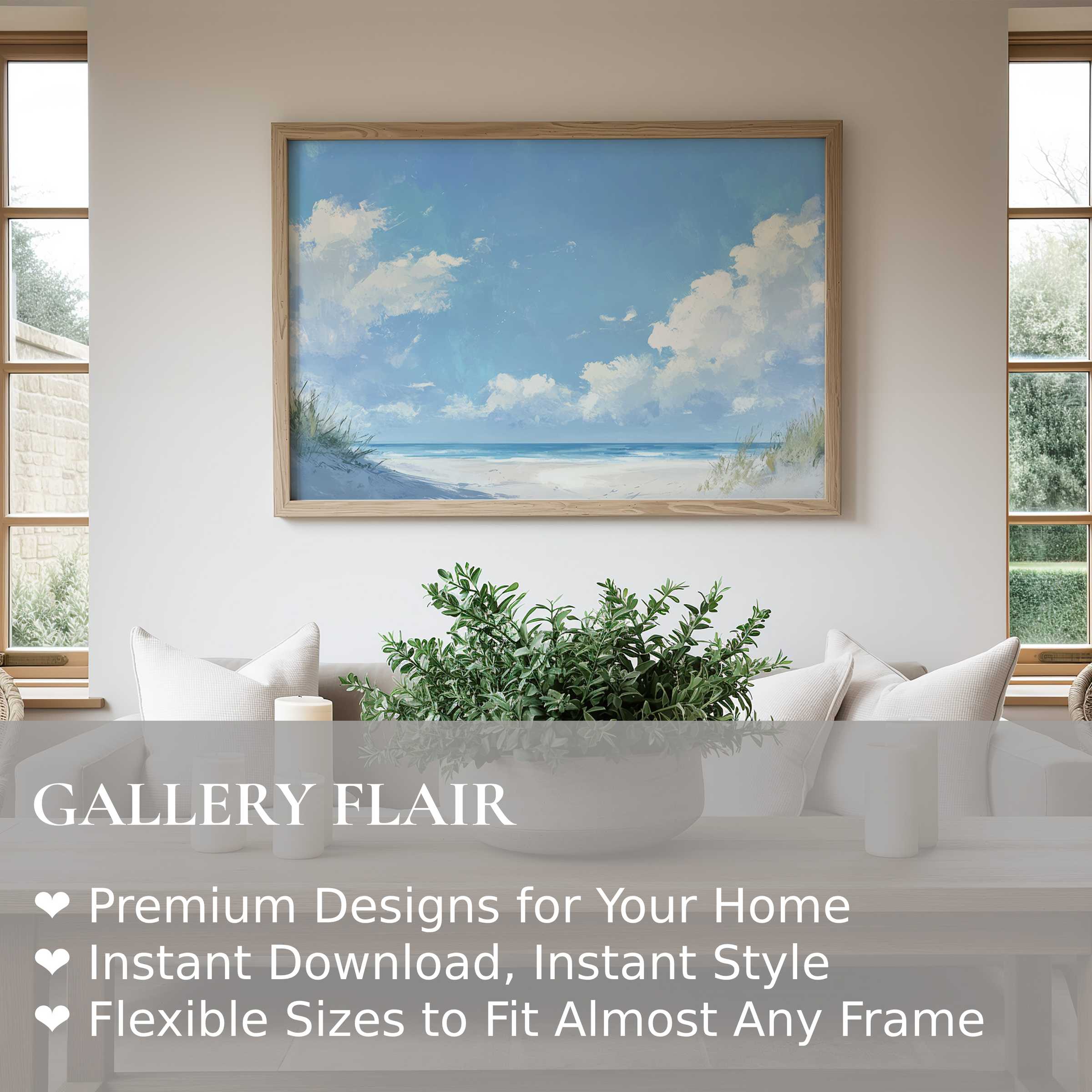 Summer wall art print capturing a serene beachscape with soft clouds, enhancing modern coastal interiors with calming elegance