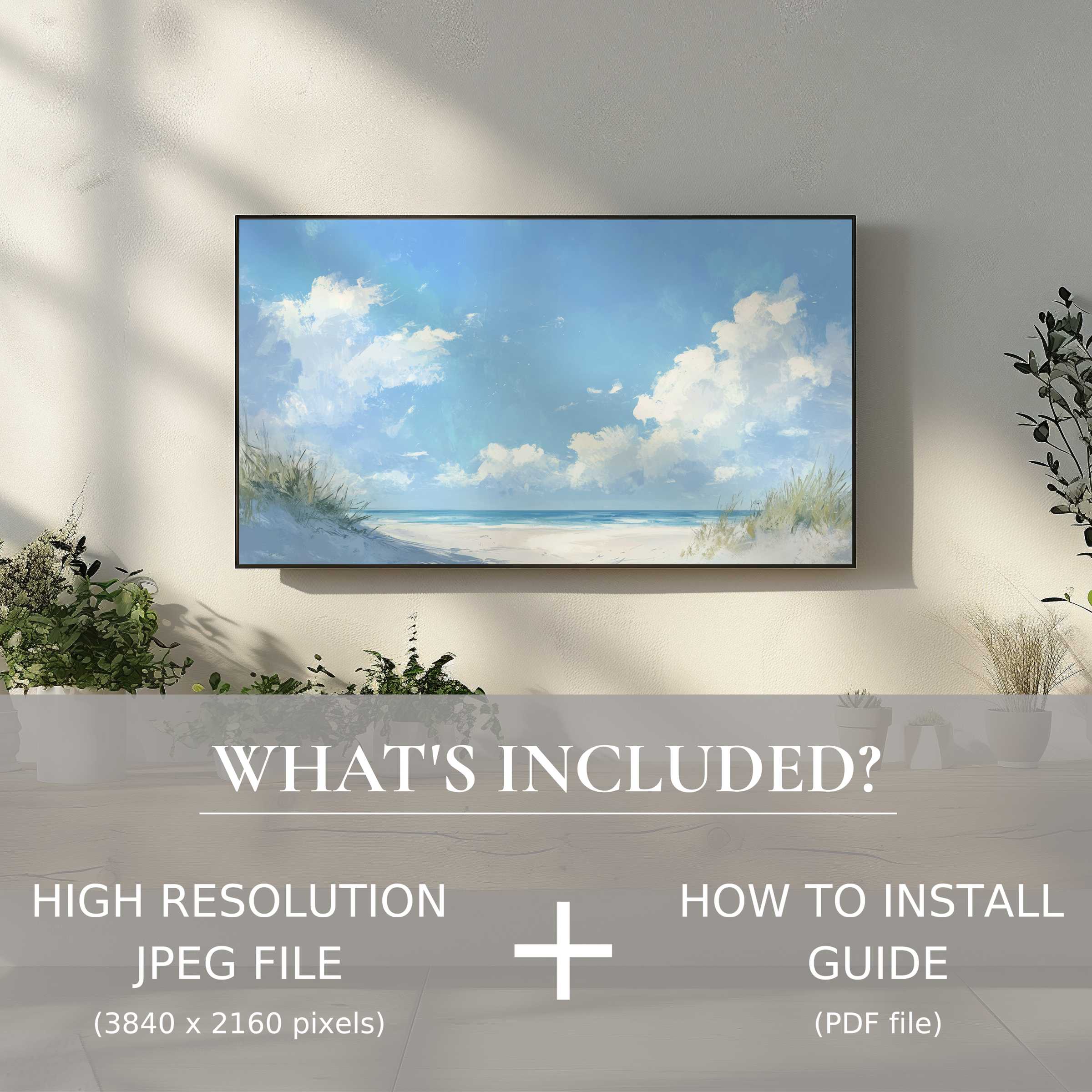Elegant summer digital TV art download with easy use, enhancing living spaces with serene beachscape and light shadows