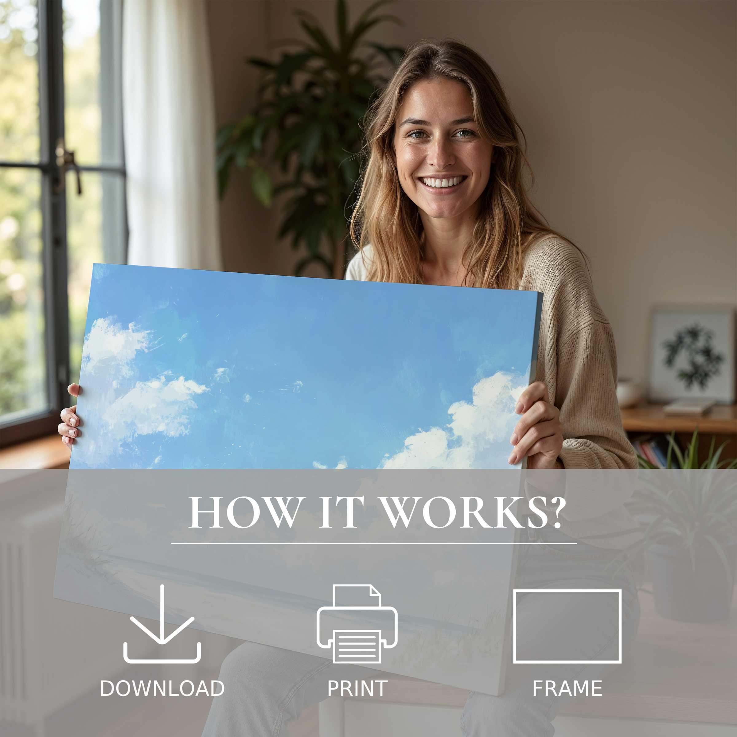 Joyful woman in a sunlit modern home embracing summer digital art print, embodying serene connection through effortless artistry