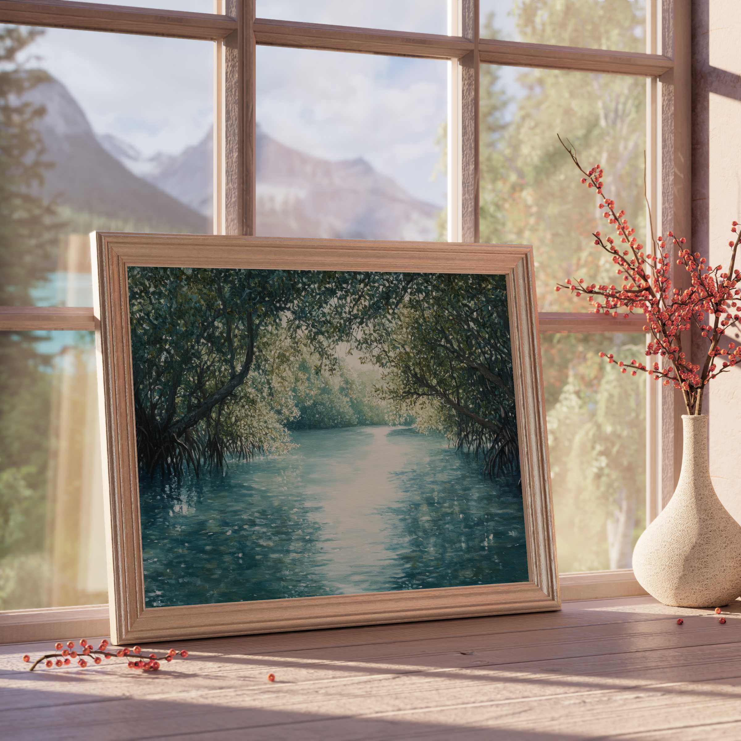 Coastal downloadable art capturing tranquil mangrove waterways, enhancing serene, curated interiors with nature-inspired elegance