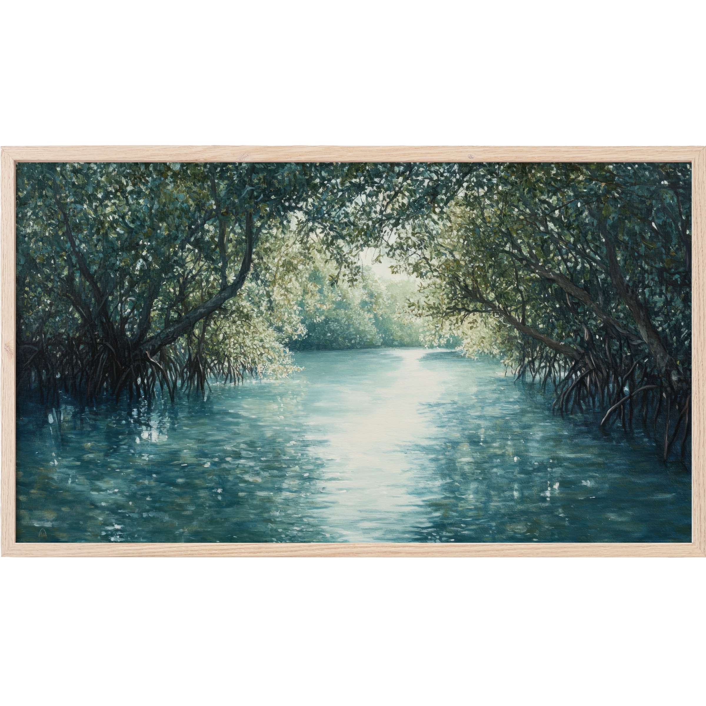 Serene mangrove scene in deep blues and greens with dappled light, perfect coastal Frame TV Art for modern decor