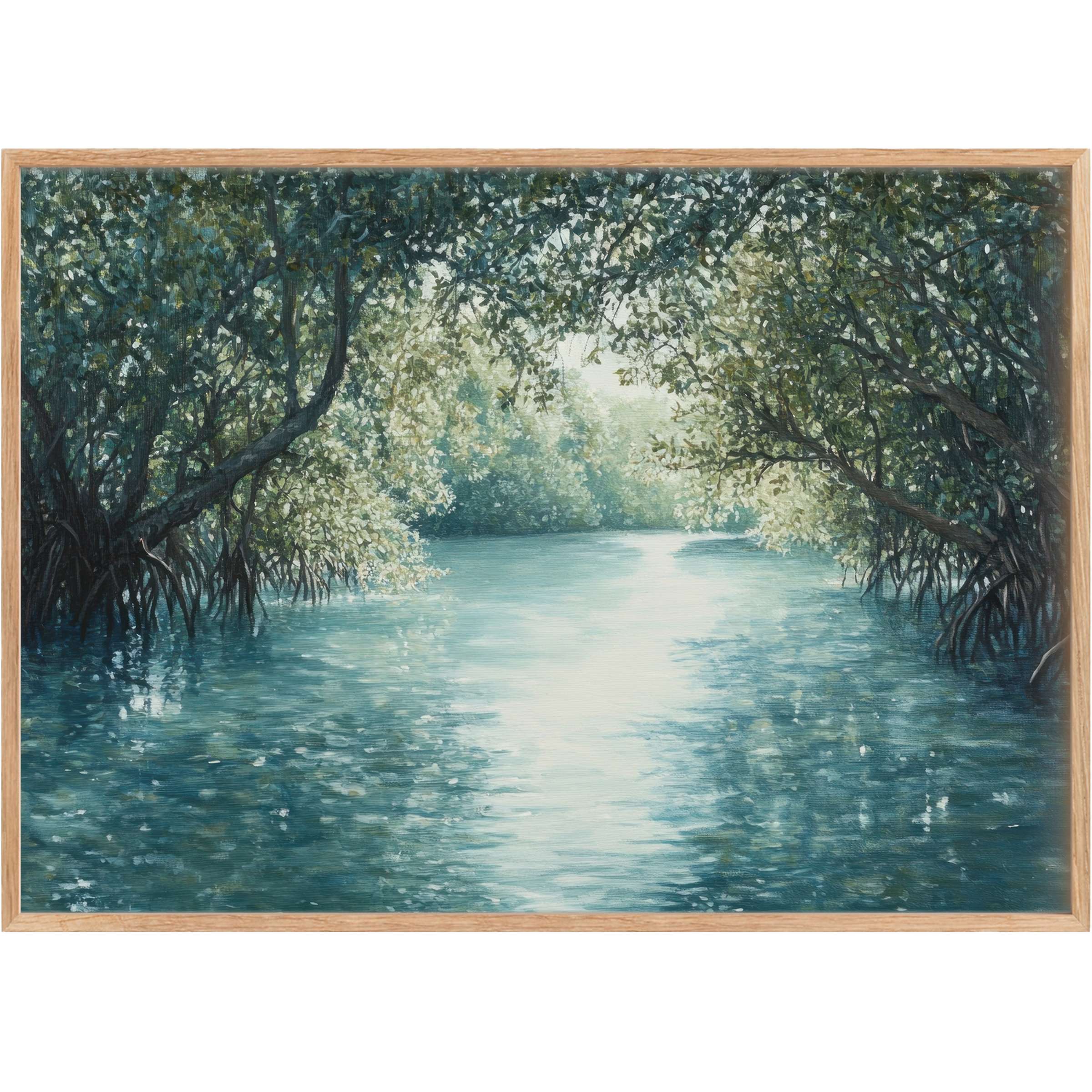 Coastal printable wall art capturing serene aquamarine waters framed by lush, dappled mangroves, evoking a tranquil, restorative ambiance