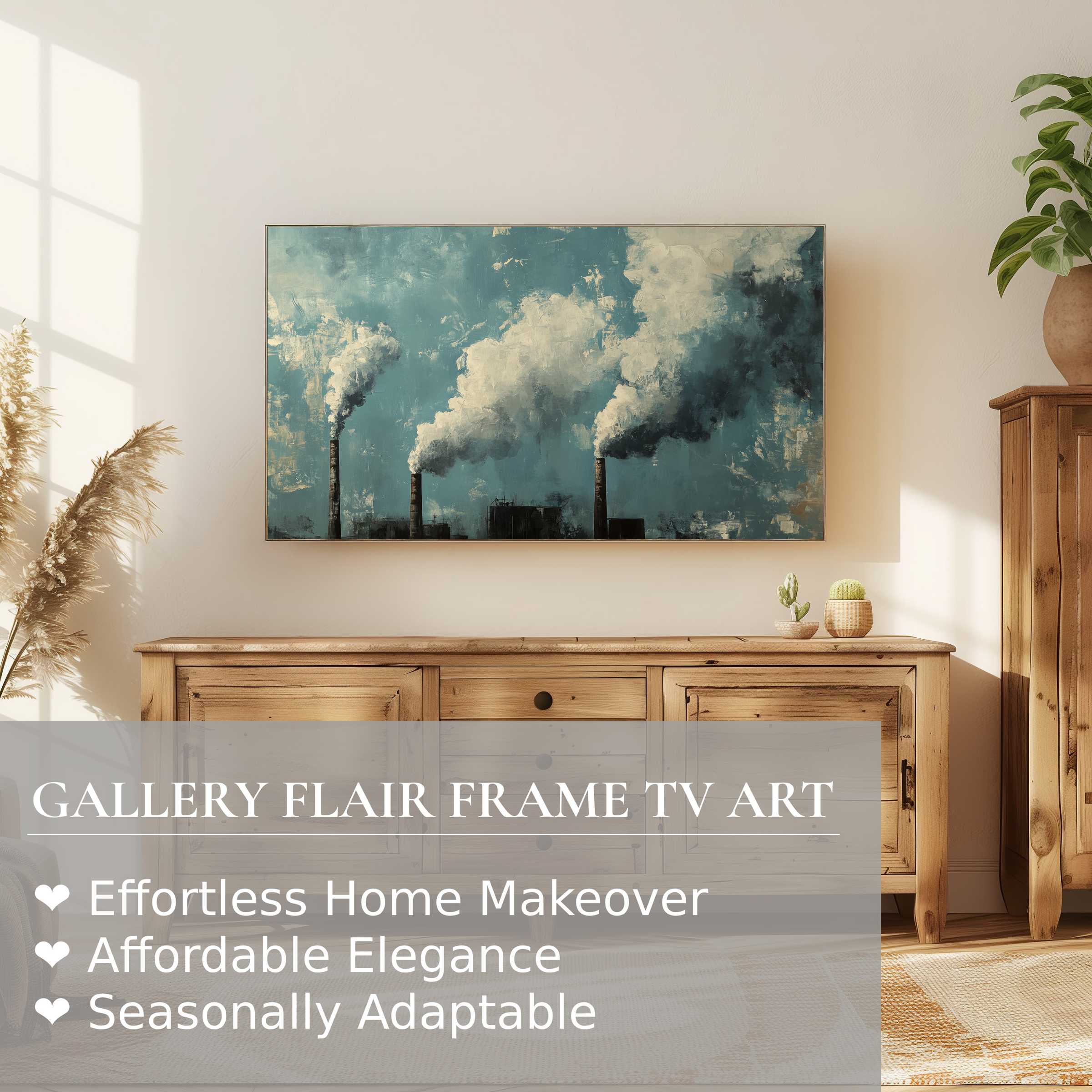 Samsung Frame TV displays moody, textured street art digital artwork above rustic wood decor in a serene, sunlit room