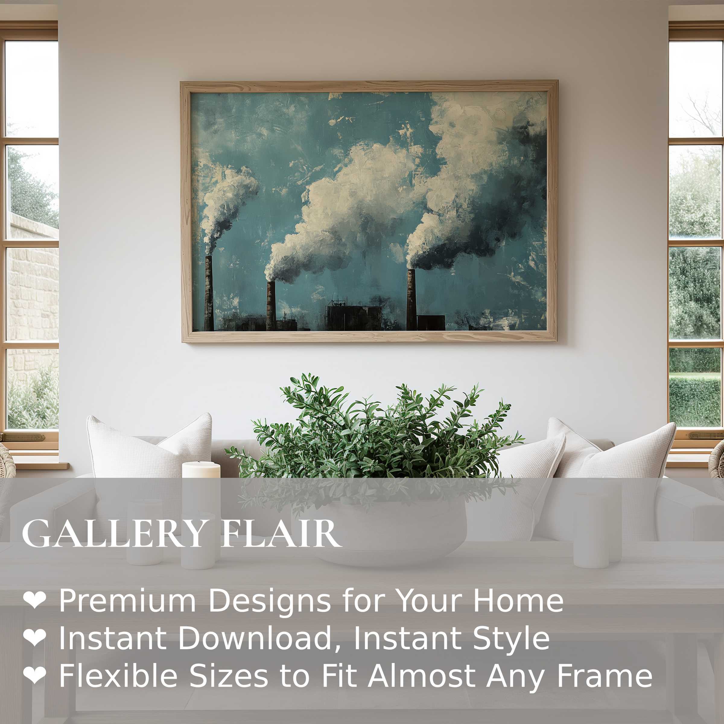 Bold street art wall art print featuring smoky industrial chimneys against a textured teal sky, enriching modern minimalist interiors with urban edge and dynamic depth