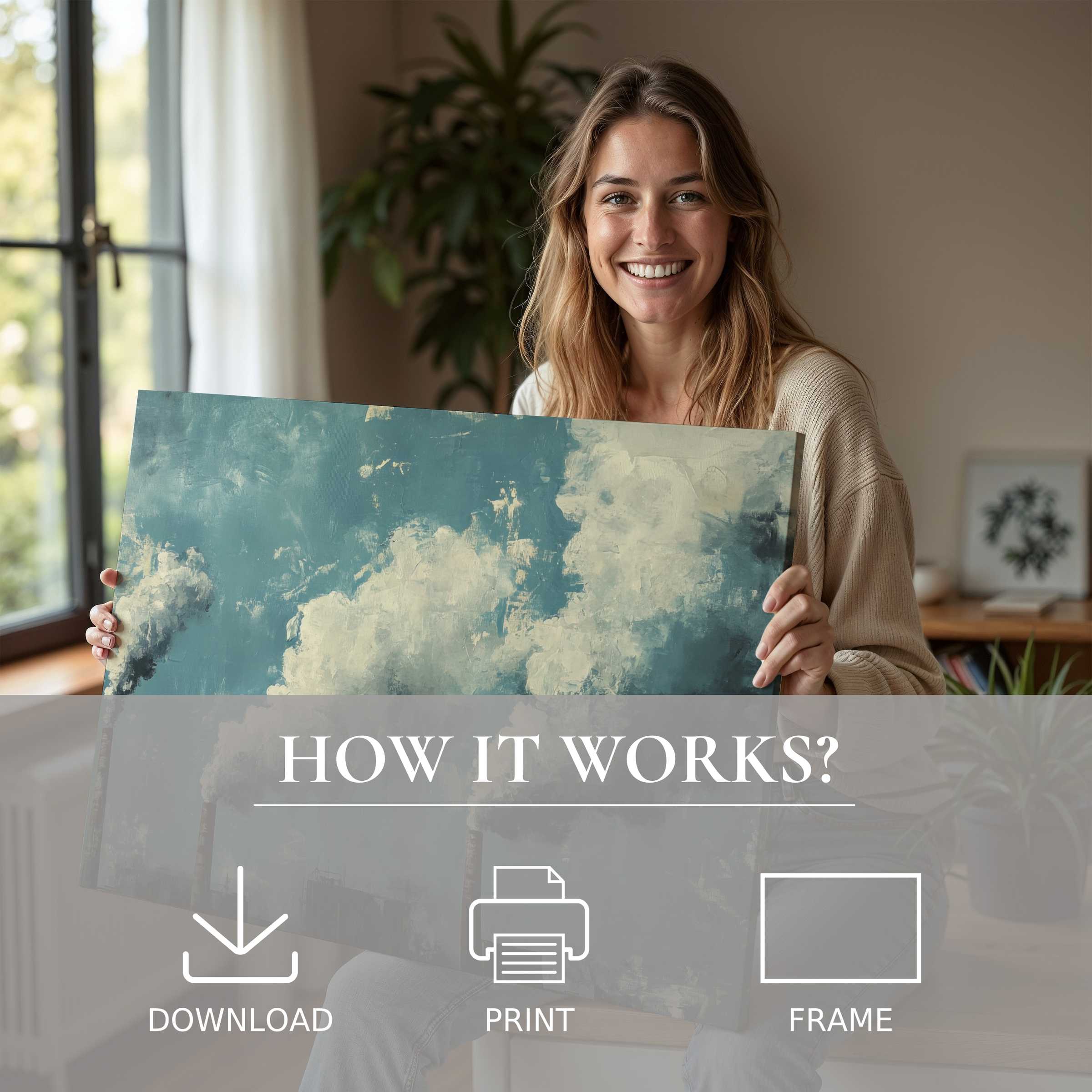 A radiant moment of connection and joy as serene street art digital art print transforms a modern home with effortless elegance