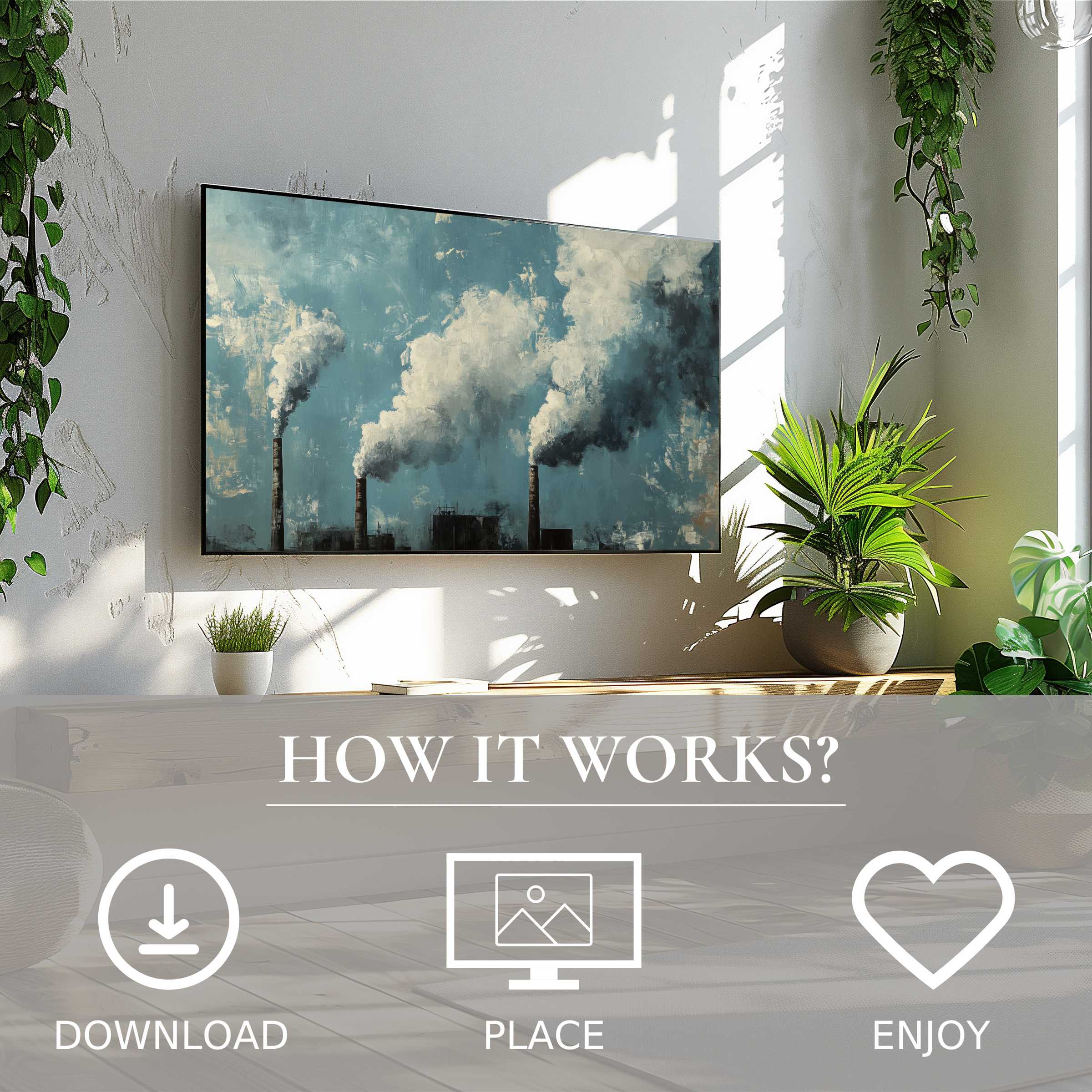 Modern living room with street art for Samsung TV showing smoky industrial chimneys, easy digital download enriches space