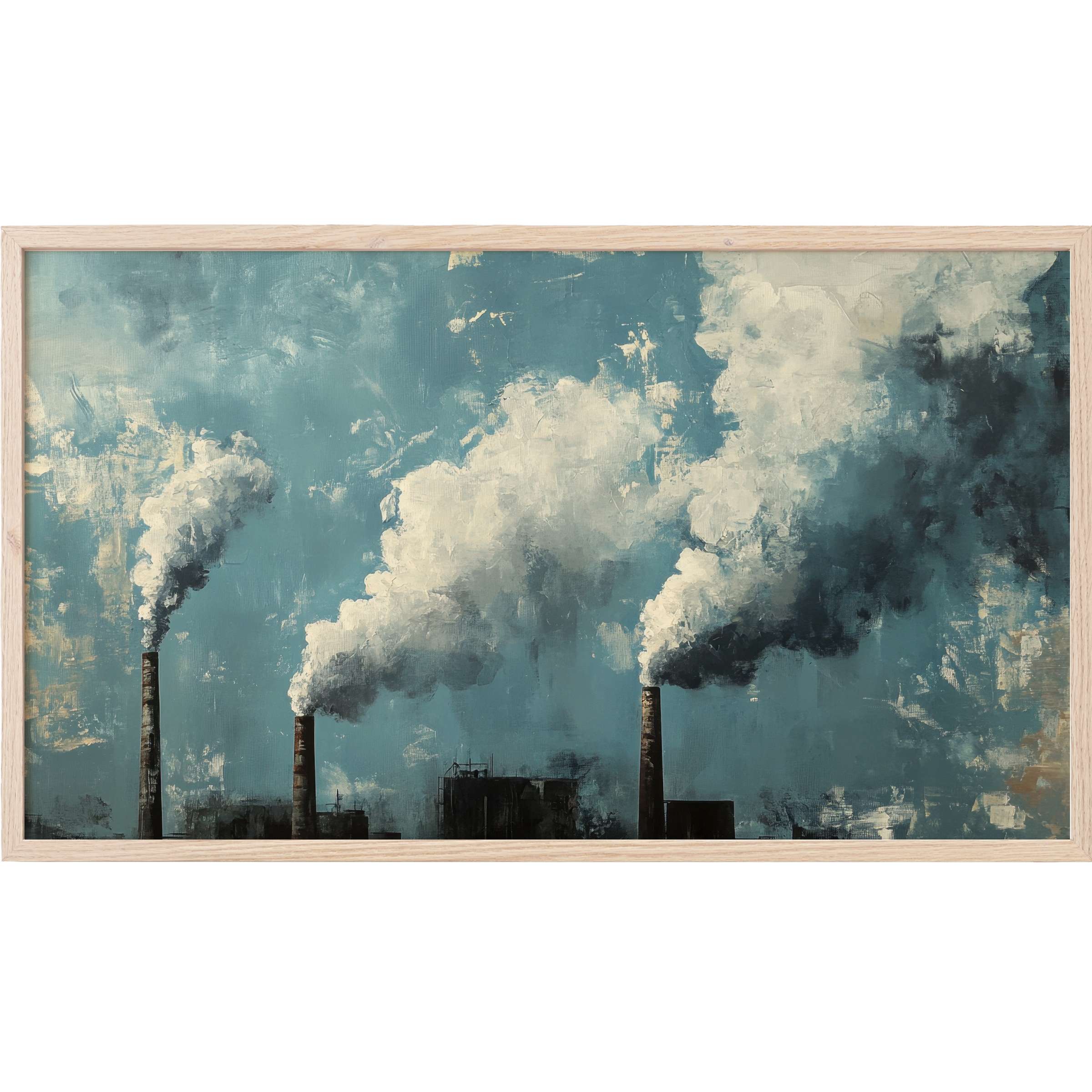 Street art Frame TV Art depicts smoky chimneys in muted blues and grays, evoking raw industrial elegance