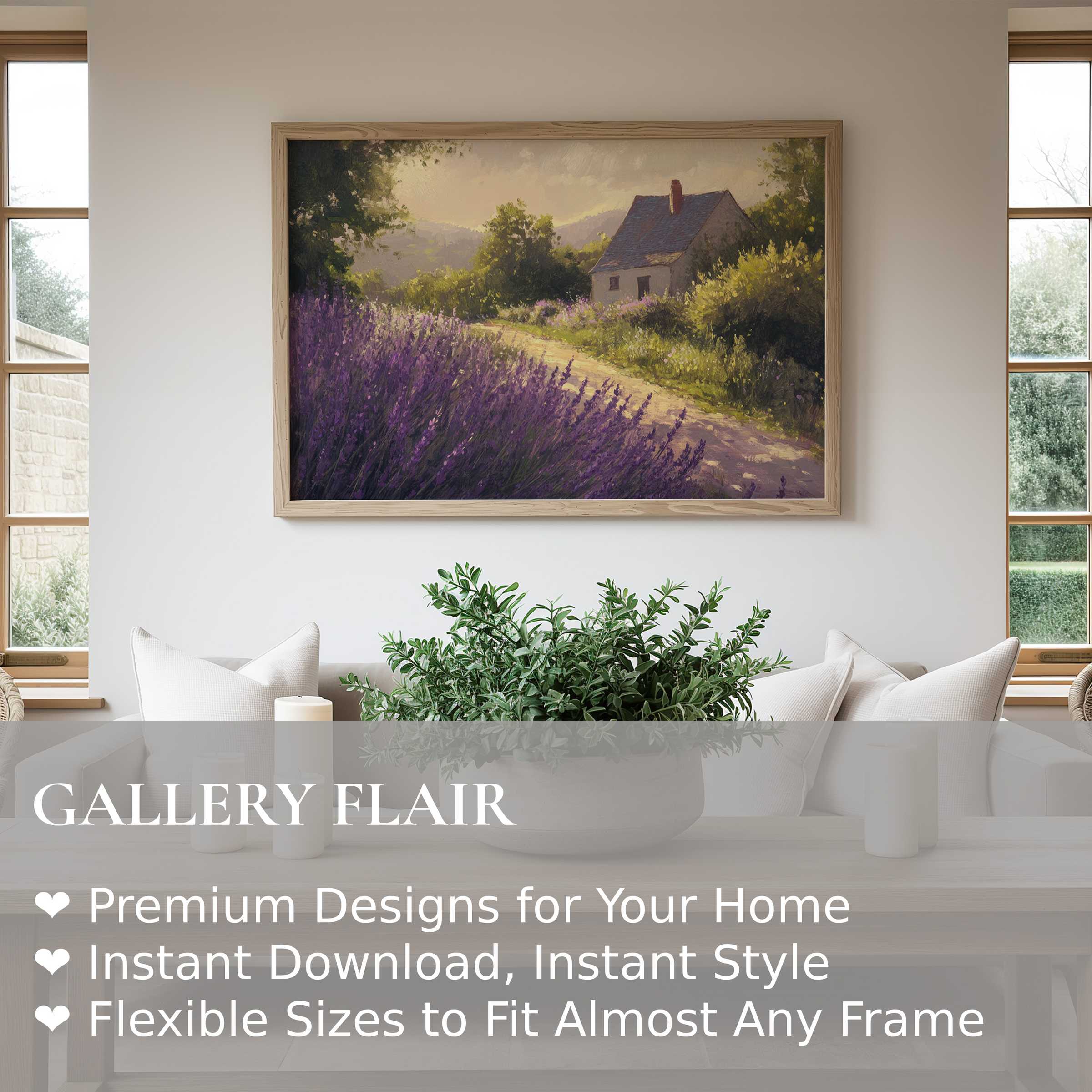 Farmhouse wall art print featuring a serene lavender field and quaint cottage, radiating soft, calming charm in a modern rustic living room