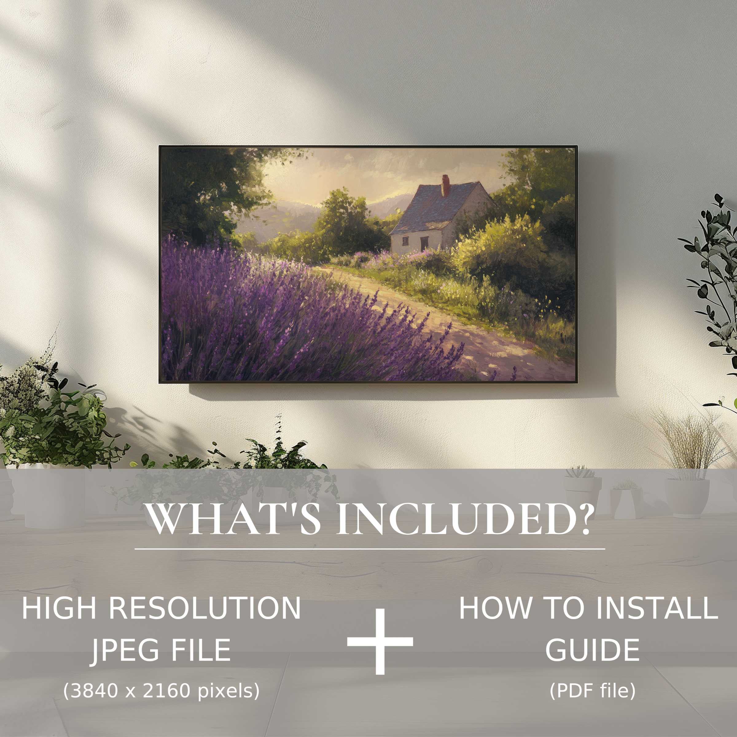 Elegant farmhouse digital TV art download showcasing a serene lavender path, enhancing spaces with effortless digital use