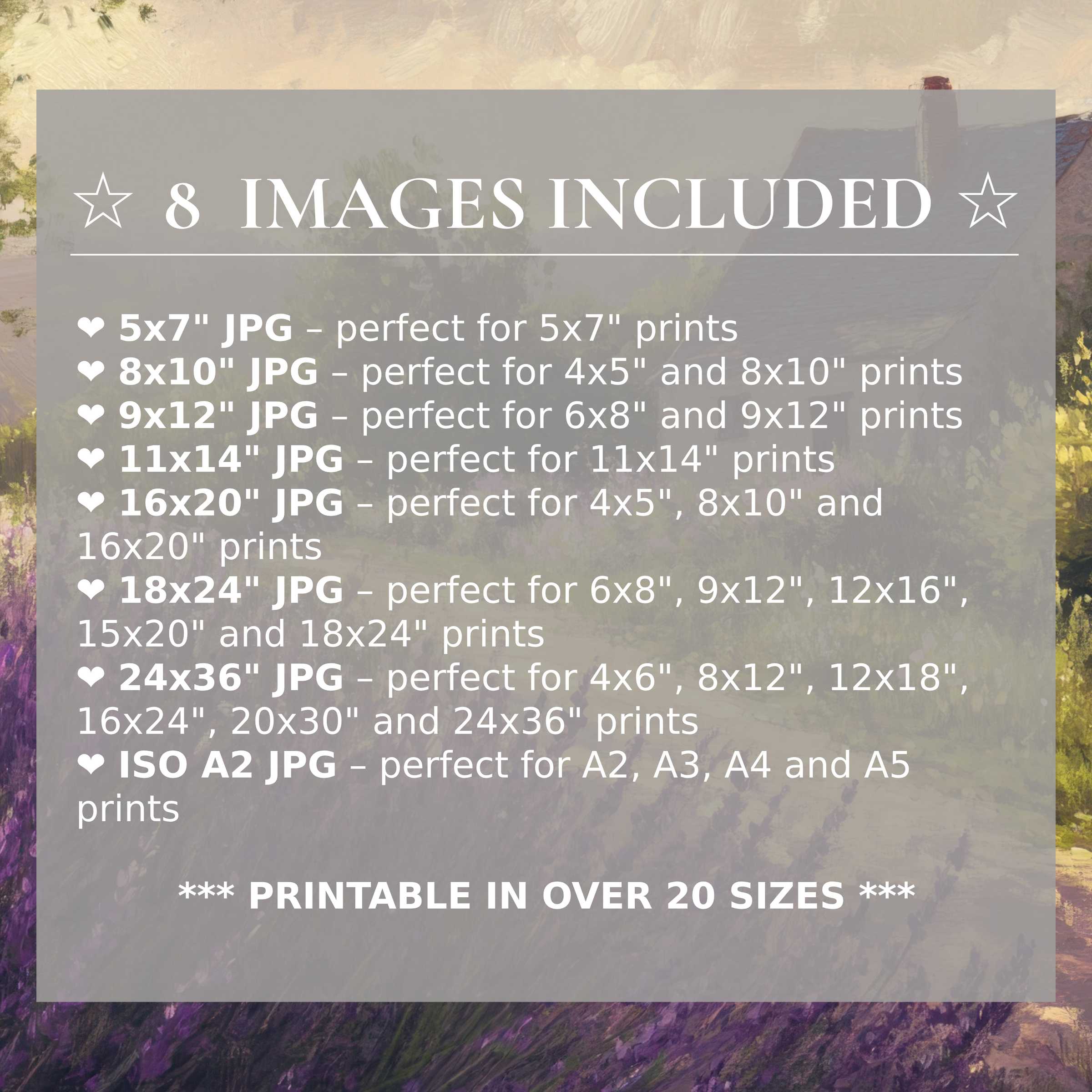 Farmhouse digital print radiates calming neutrals and lush purples, elevating modern interiors with style; includes 8 high-quality sizes
