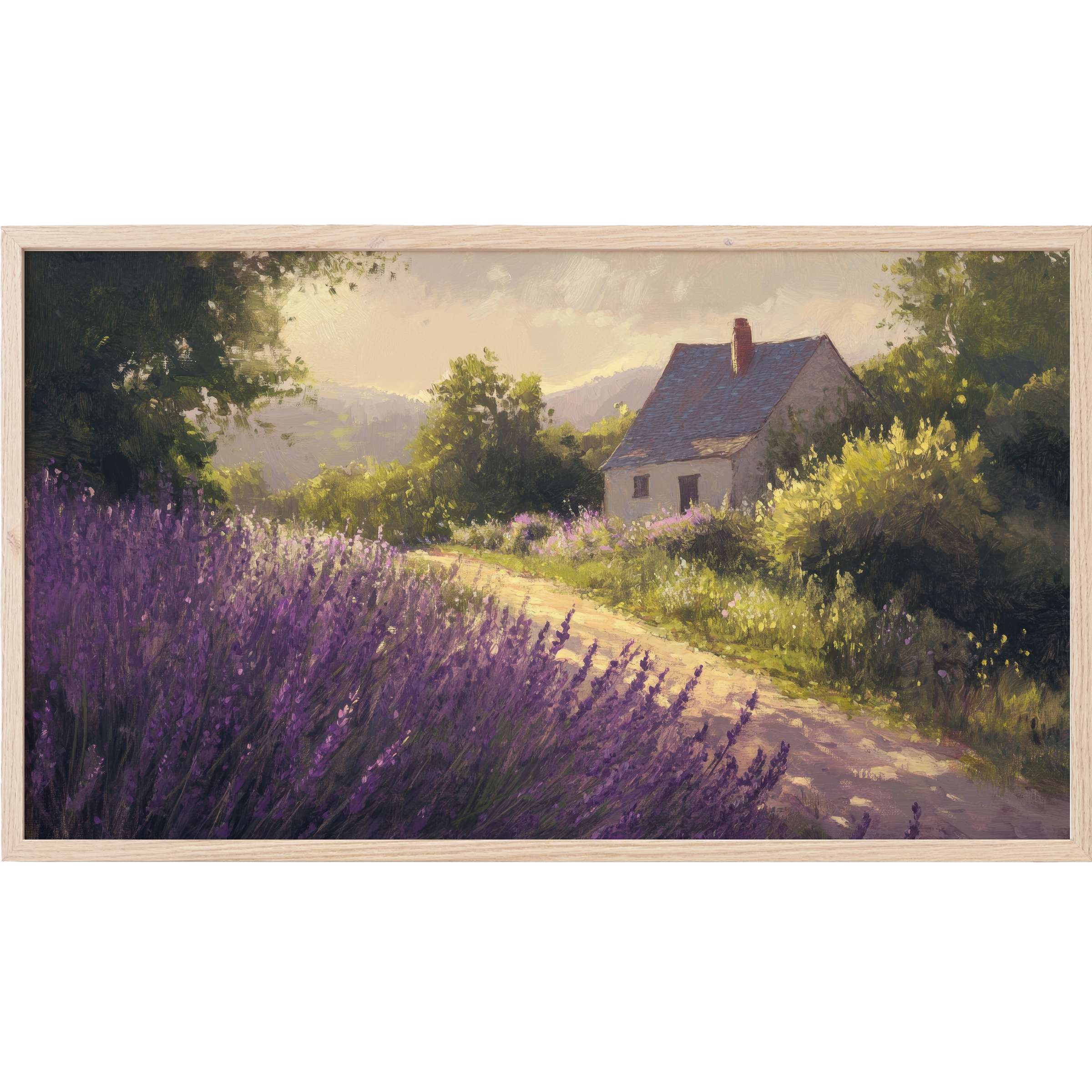 Farmhouse Frame TV Art featuring soft pastels and lush purples in a serene countryside scene with textured brushstrokes