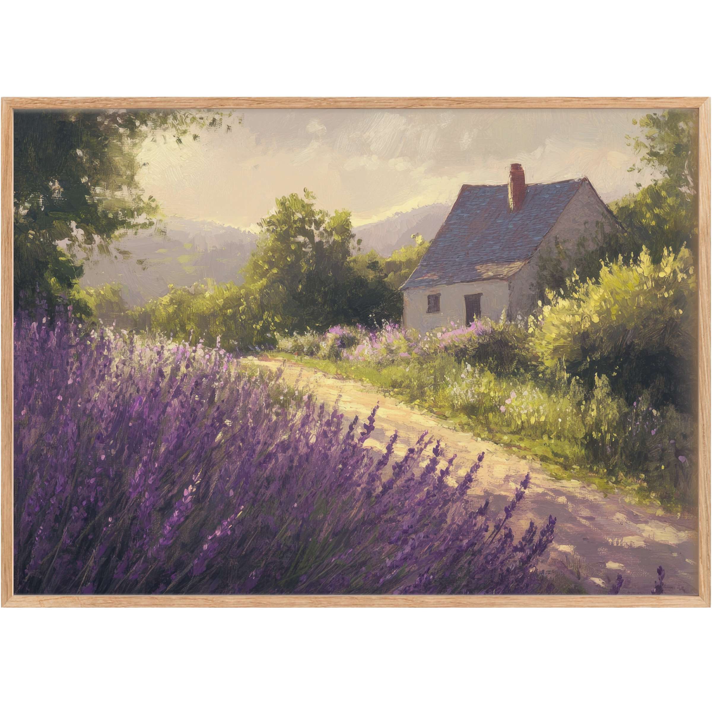 Enchanting farmhouse printable wall art radiates tranquility with soft lavender hues and warm golden light, elevating serene, stylish interiors