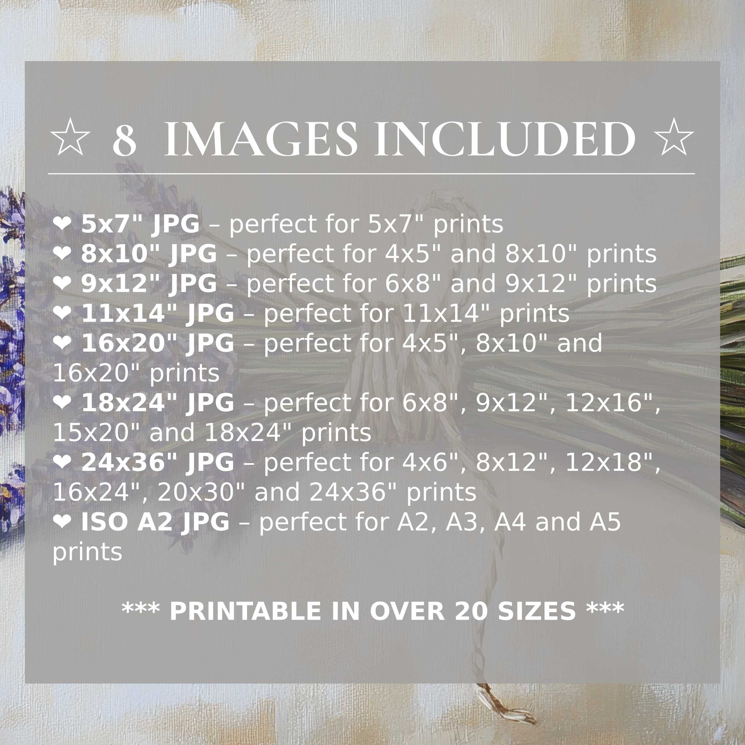 Floral digital print in soft neutrals and lavender hues, radiating calm elegance; includes 8 high-quality sizes for versatile modern decor
