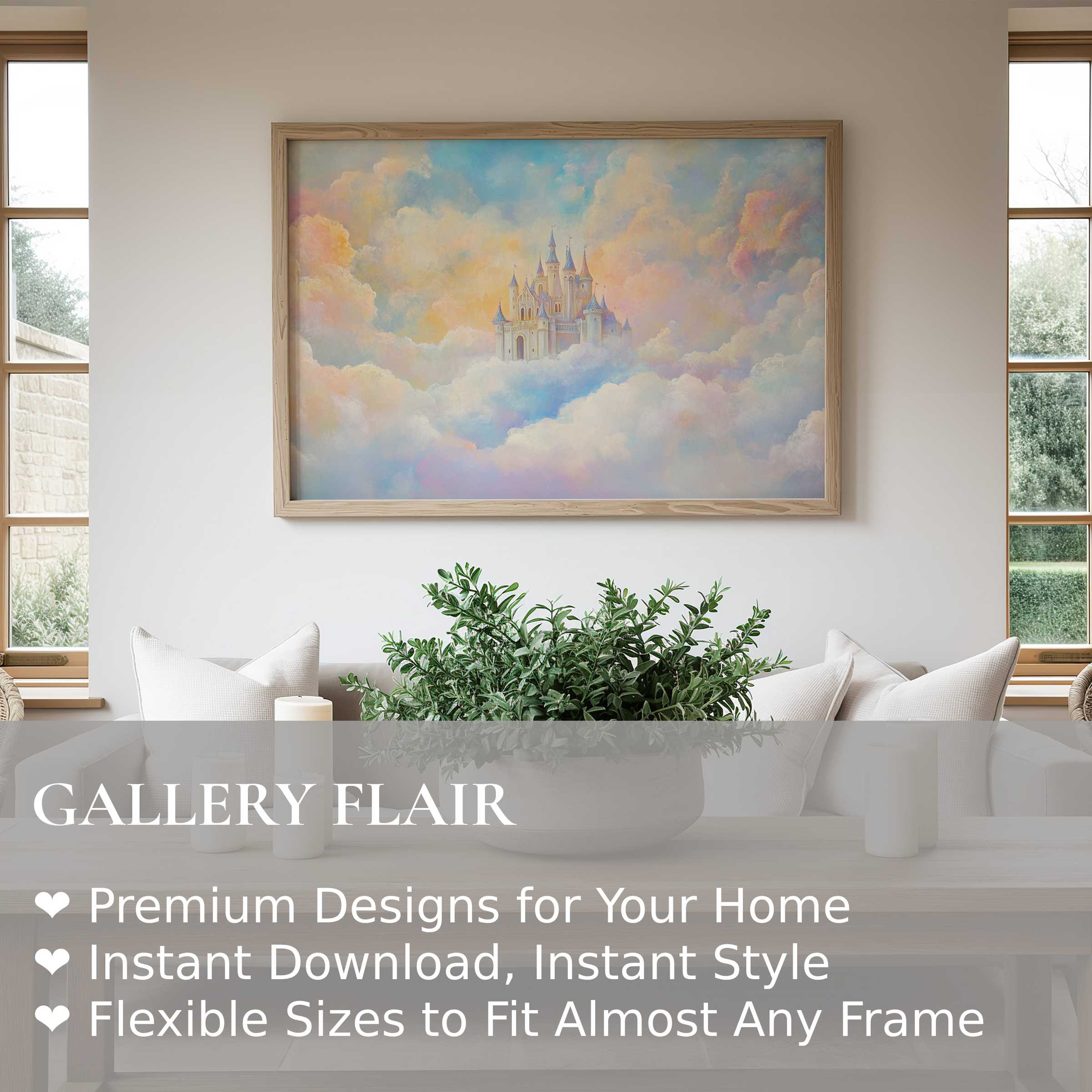 Dreamy nursery wall art print featuring a pastel castle in clouds, adding a soft, calming touch to chic, modern nursery decor