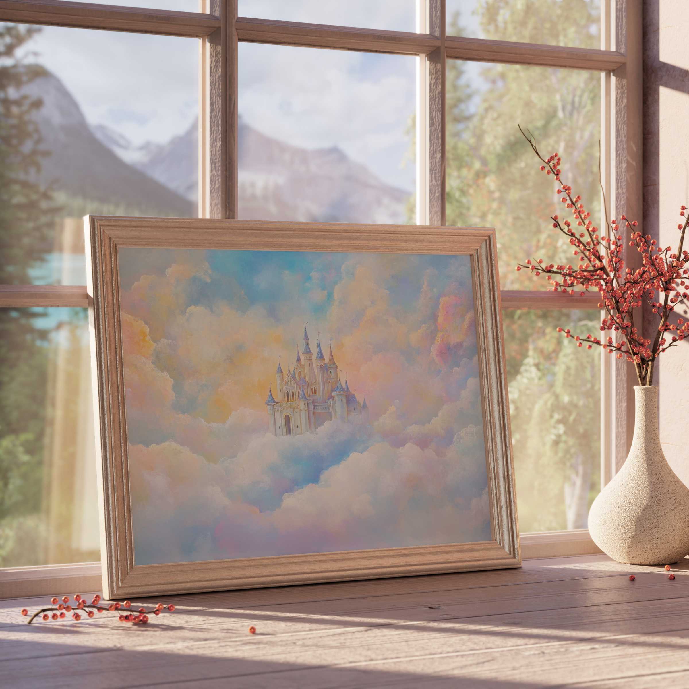 Dreamlike nursery downloadable art featuring a pastel castle amidst soft clouds, adding serene charm to stylish, curated interiors