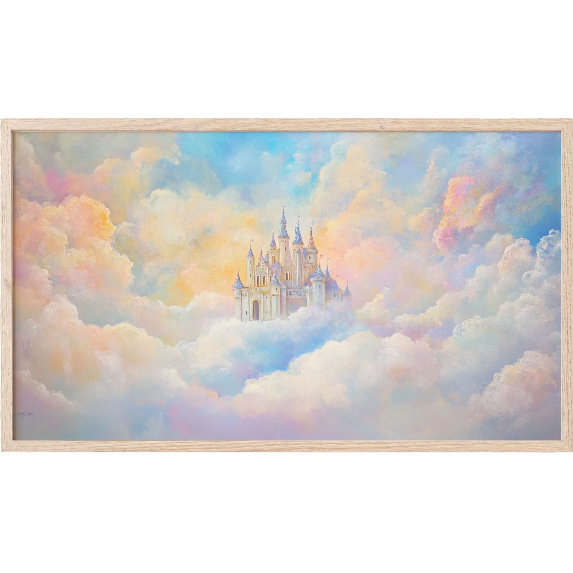 Dreamy pastel castle floats among soft clouds in delicate blues, pinks, and yellows, perfect nursery Frame TV Art