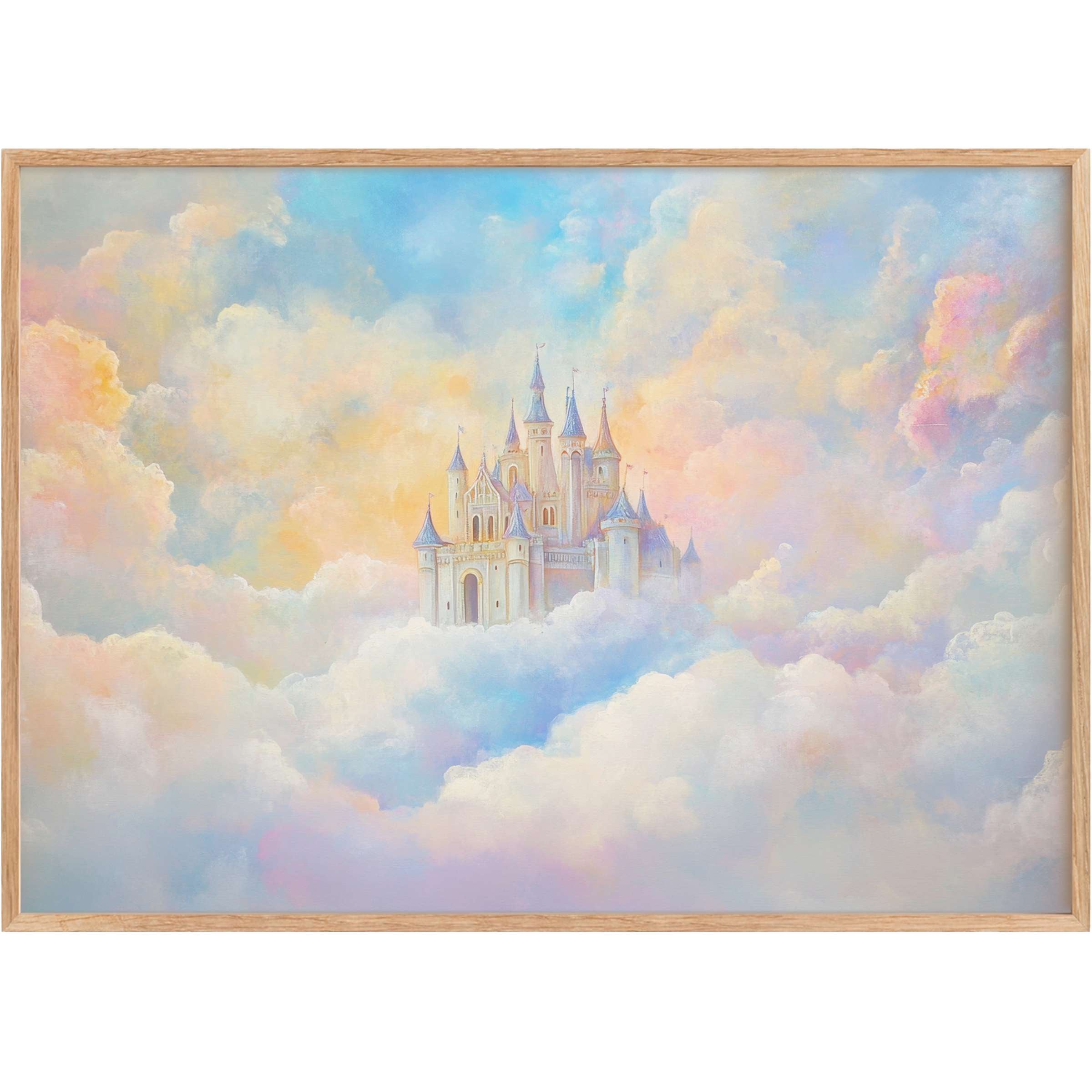 Dreamy nursery printable wall art featuring a serene pastel castle floating in soft clouds, evoking a calming, whimsical atmosphere