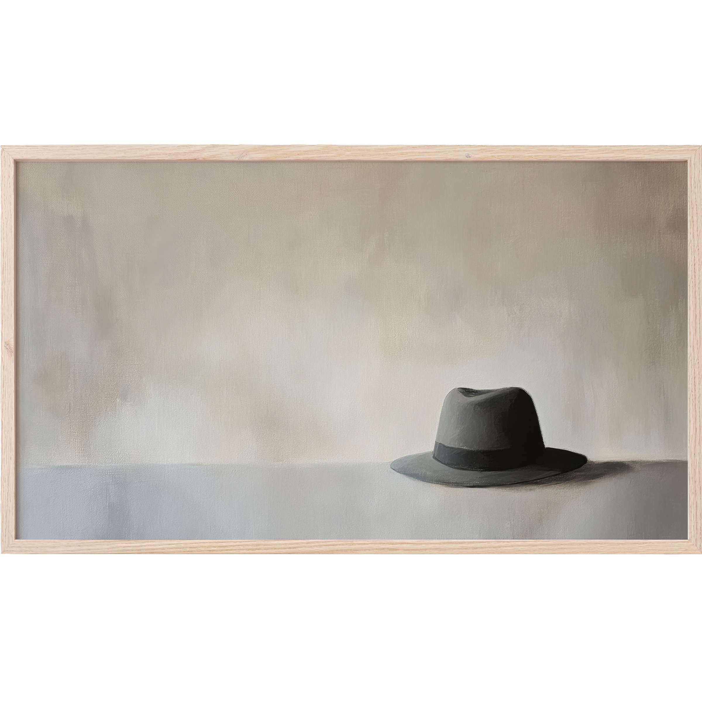 Minimalist Frame TV Art featuring a solitary gray fedora on muted beige and gray textured background