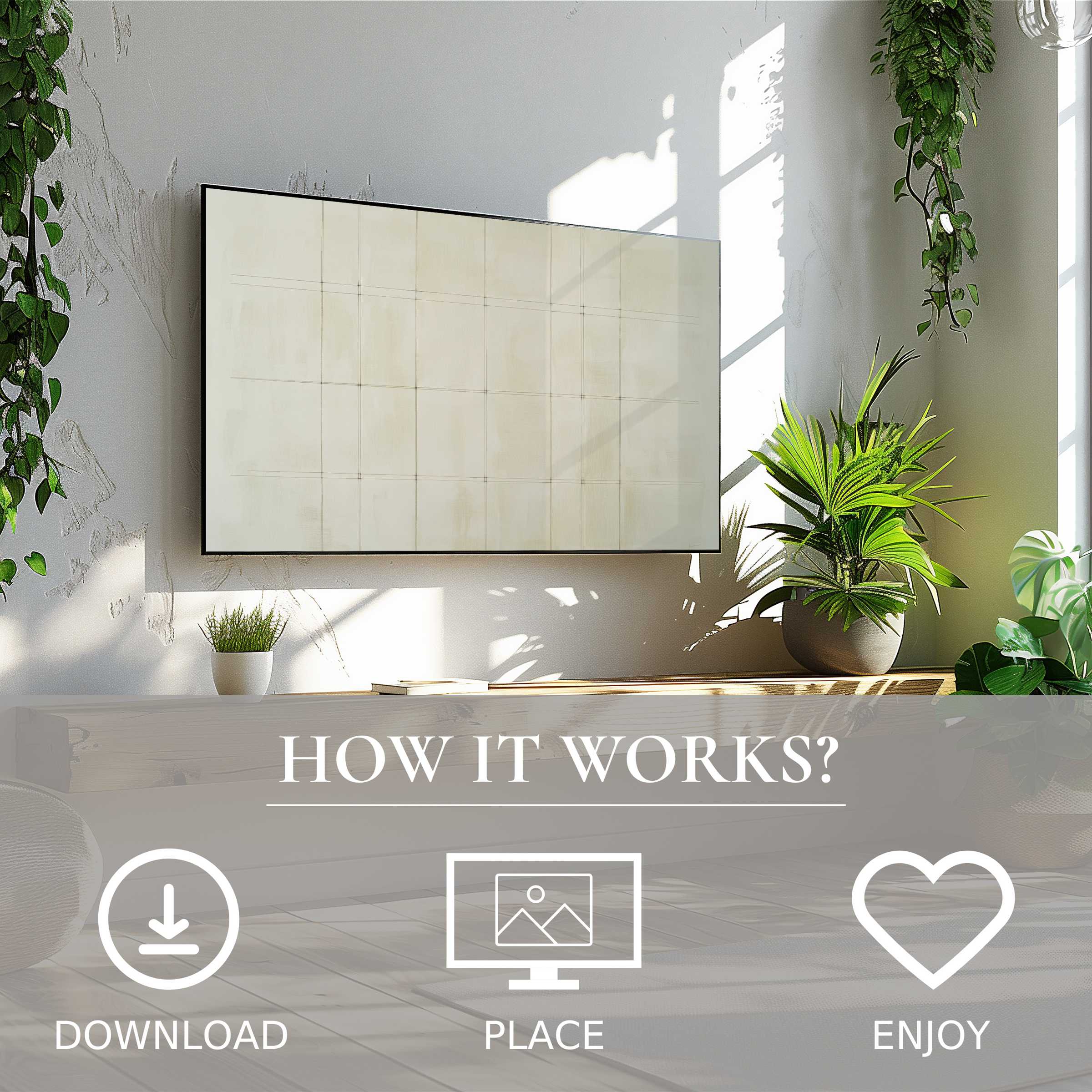 Neutral art for Samsung TV with soft beige tones, easy digital download, elevates modern living spaces with subtle elegance