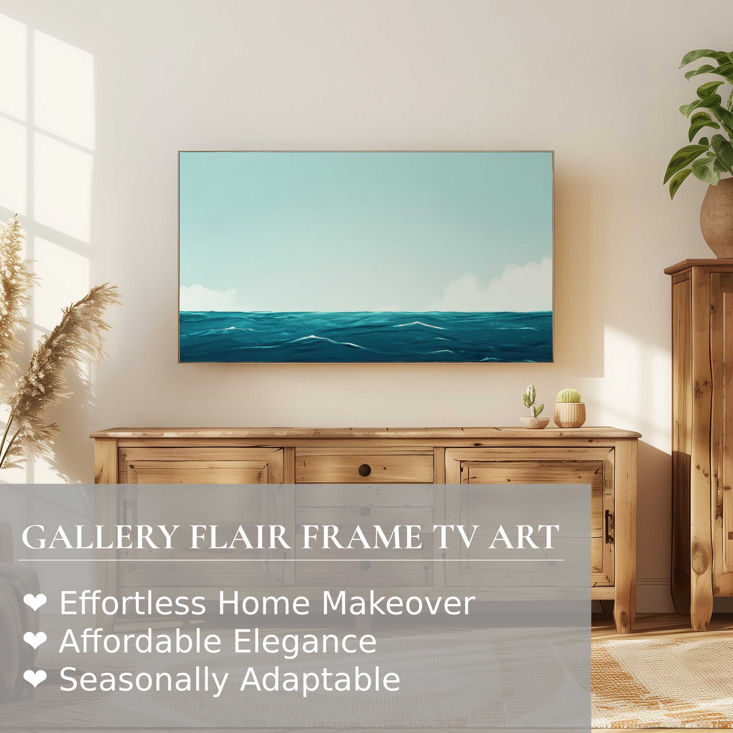 Samsung Frame TV displays serene modern digital artwork of ocean waves in a bright, elegant living room setting