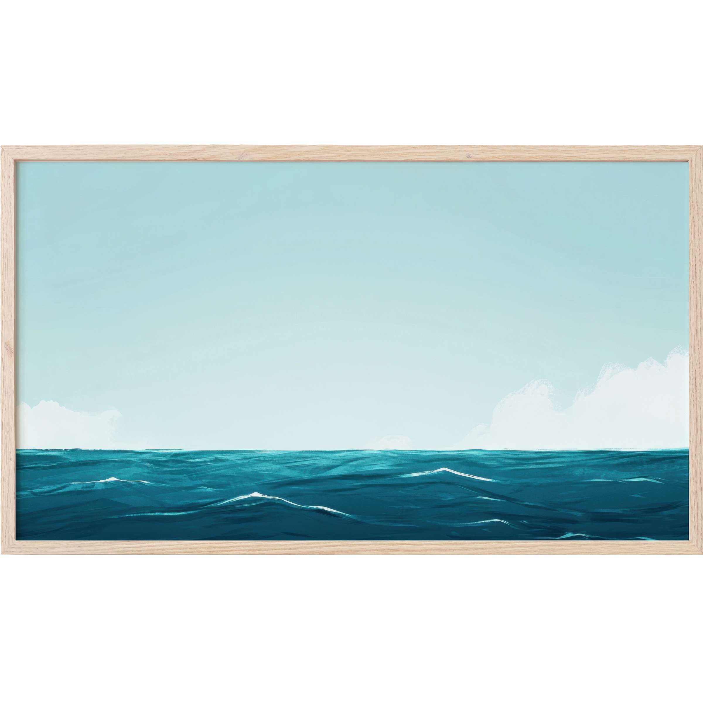 Serene ocean waves in deep blues and soft sky tones, framed with natural wood for modern Frame TV Art elegance