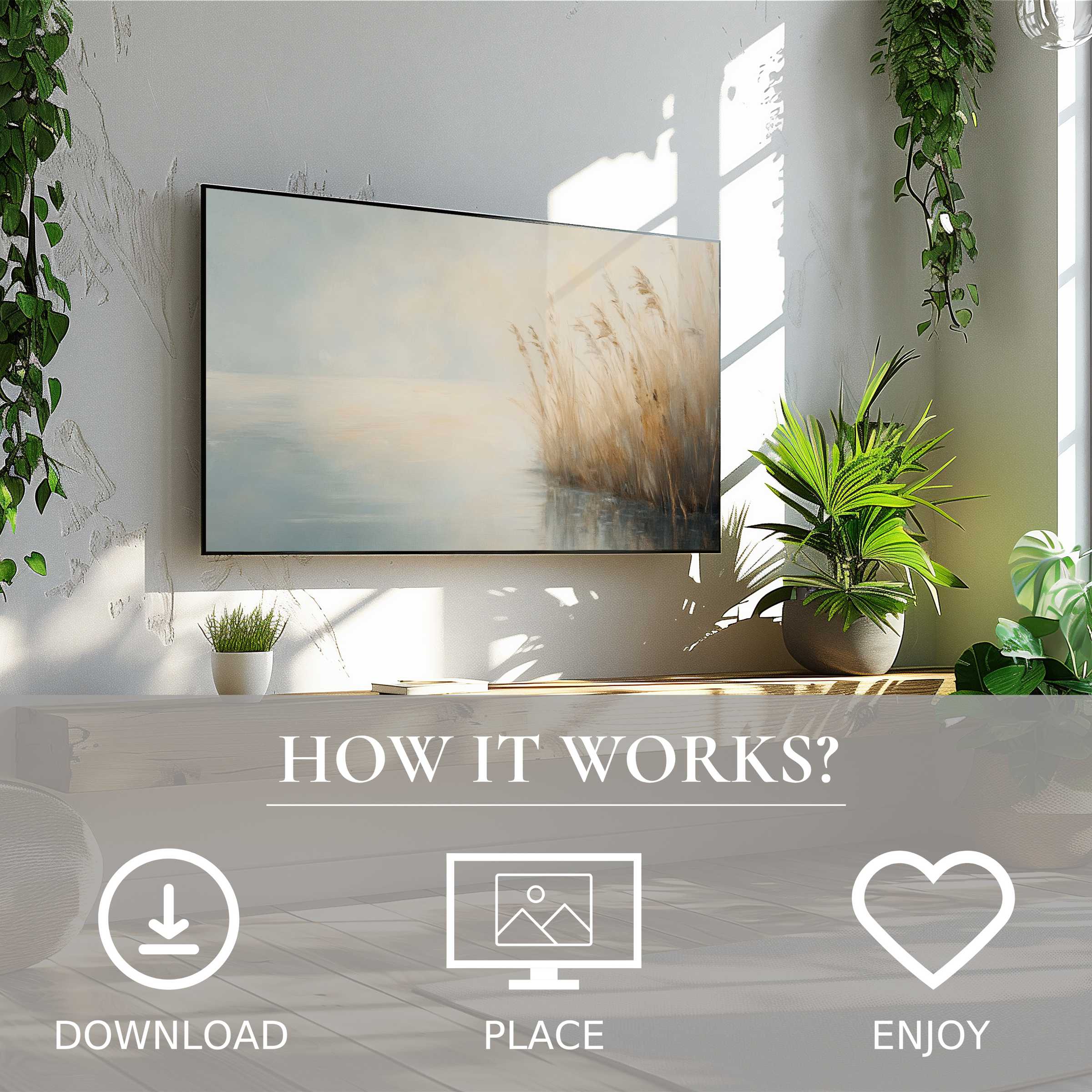 Vintage art for Samsung TV with soft sunset tones, easy digital download enriches modern, plant-filled living spaces