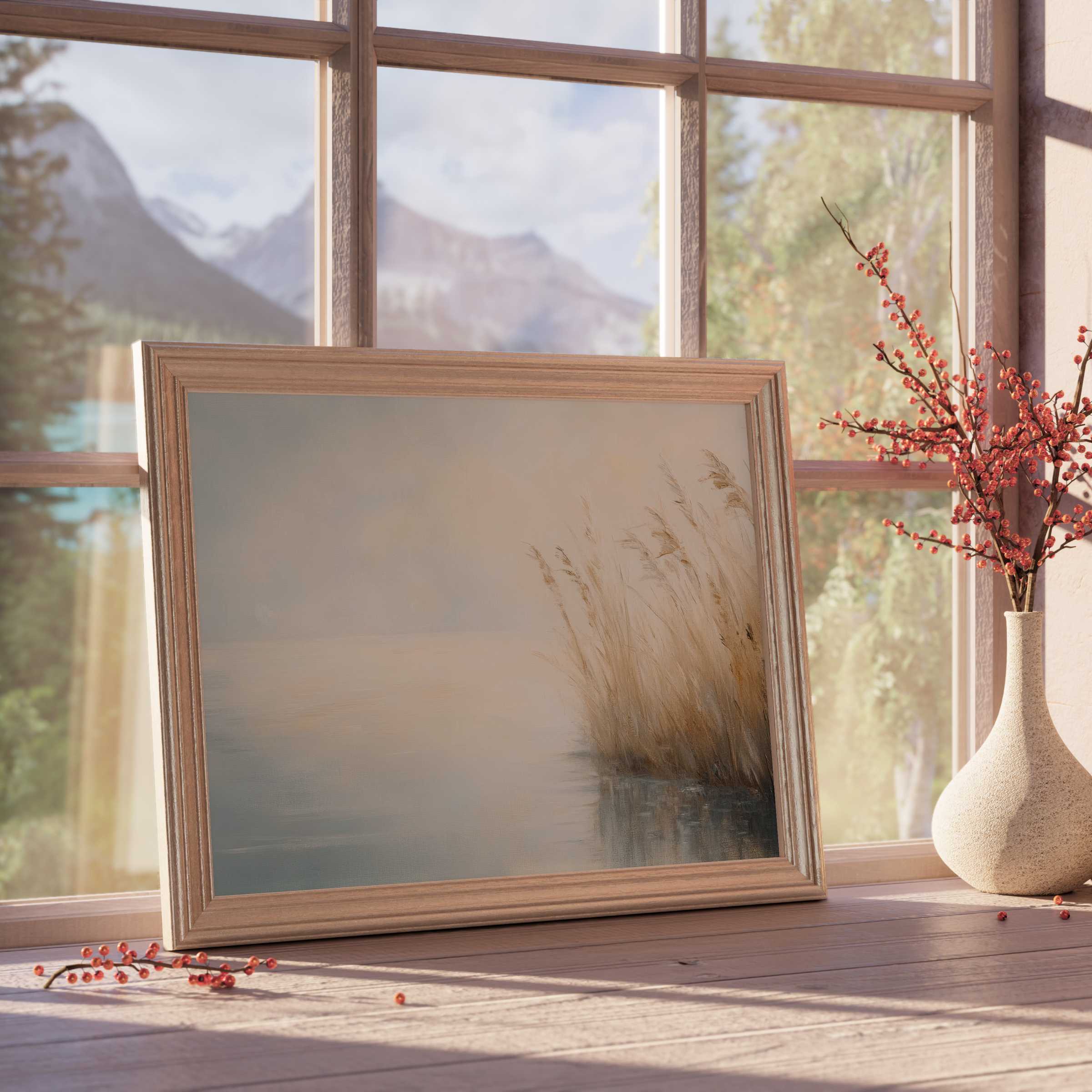 Vintage downloadable art capturing serene lakeside reeds in muted tones, perfect for curated, tranquil, design-forward interiors
