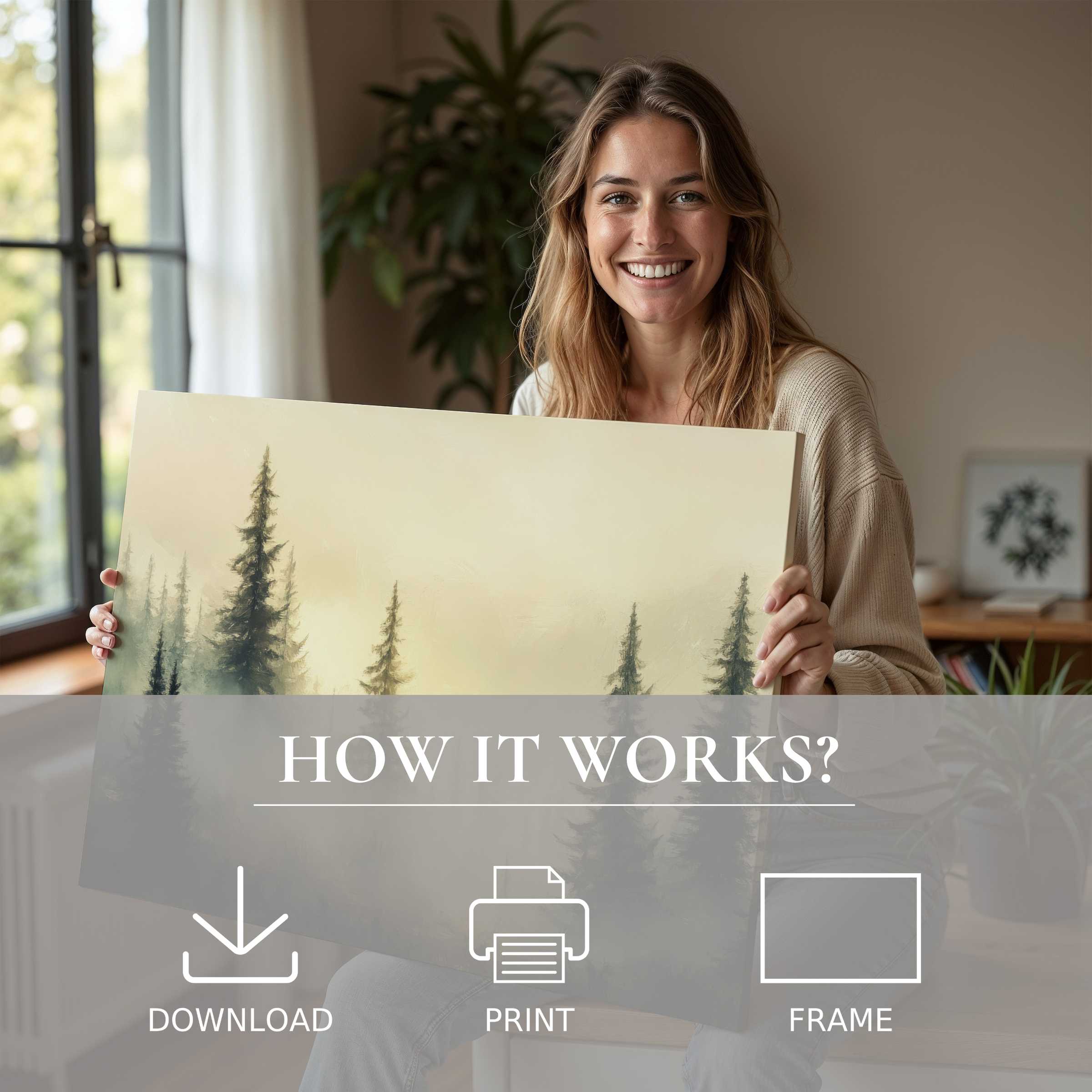 Bright, serene landscape digital art print embraced in a sunlit modern home, capturing joy and effortless elegance