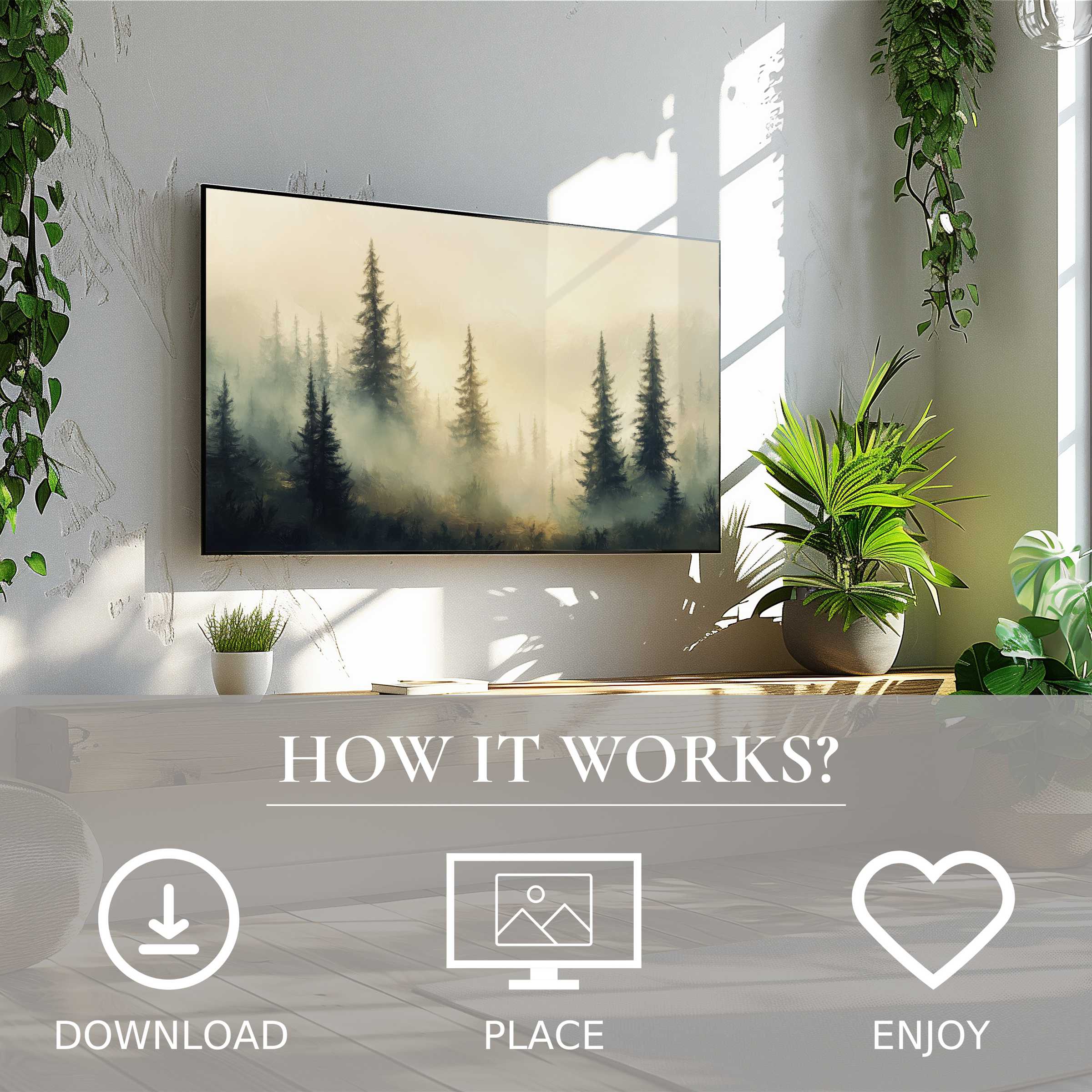 Modern living room with landscape art for Samsung TV featuring misty pine trees; easy digital download enriches space