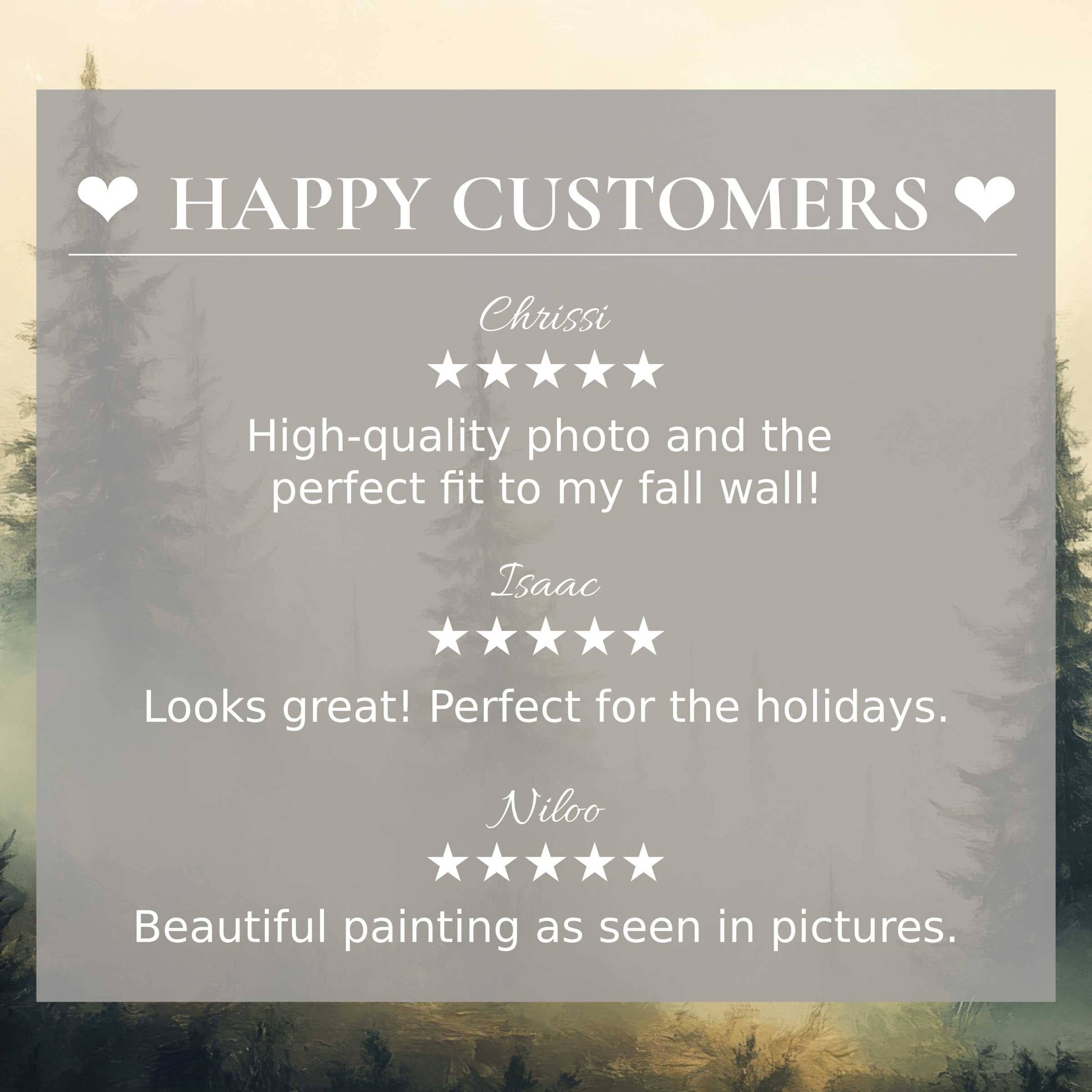 Elegant landscape art for Frame TV with misty forest hues, showcasing happy customer reviews that inspire trust and style