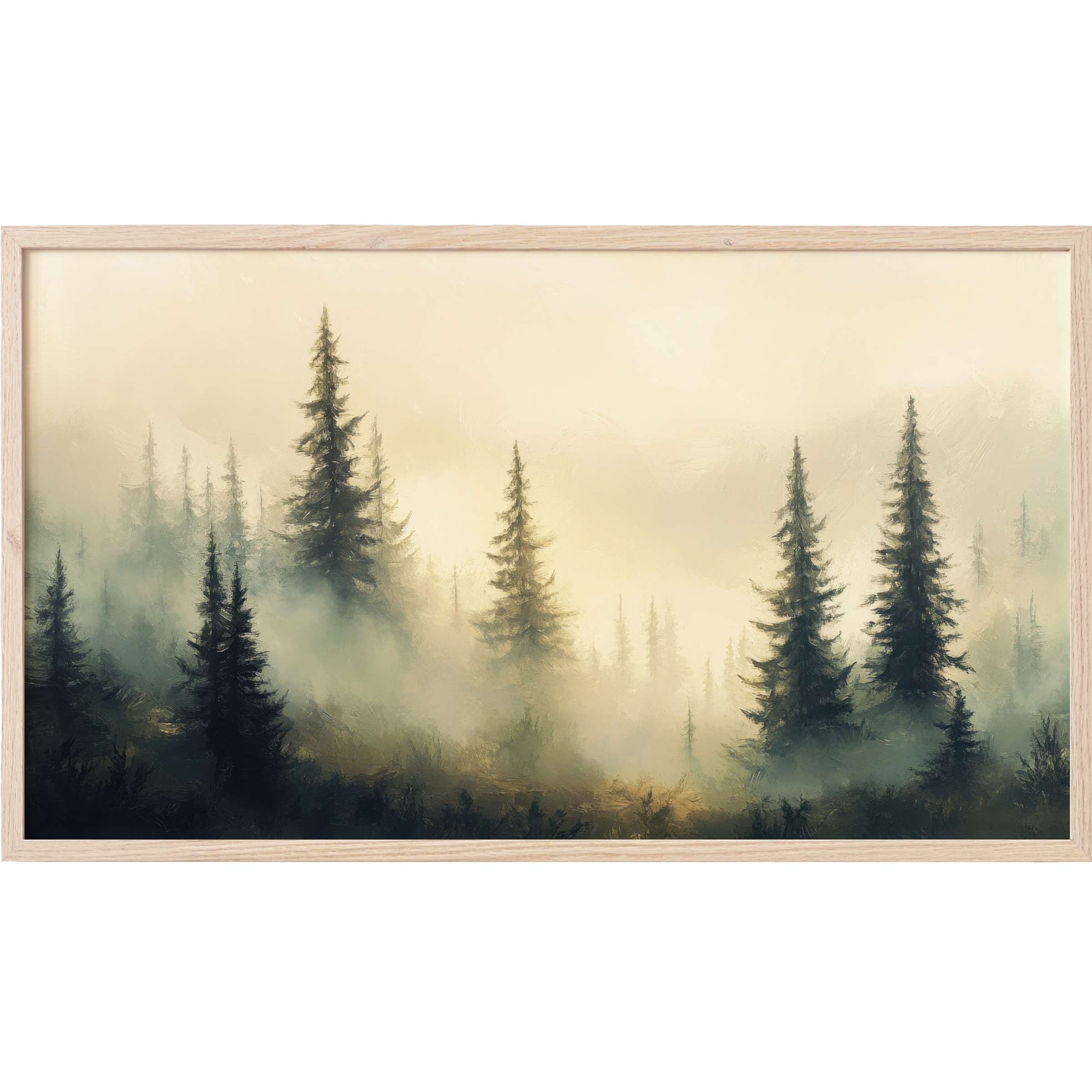 Mist-shrouded pine forest in muted greens and golds, evoking tranquility in landscape Frame TV Art style