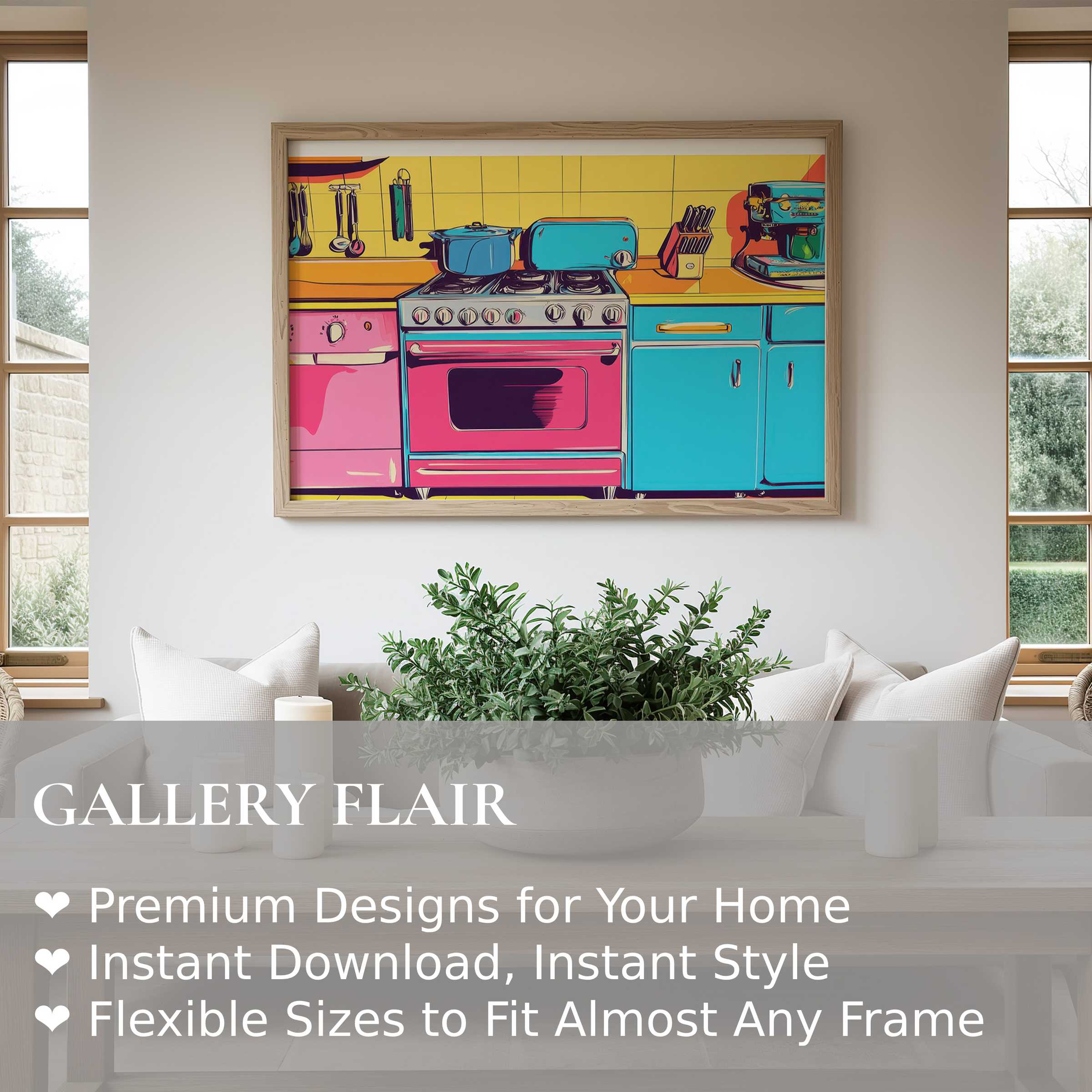 Vibrant pop art wall art print featuring bold retro kitchen elements in vivid pink, blue, and yellow hues, elevating contemporary minimalist interiors with a dynamic, playful energy