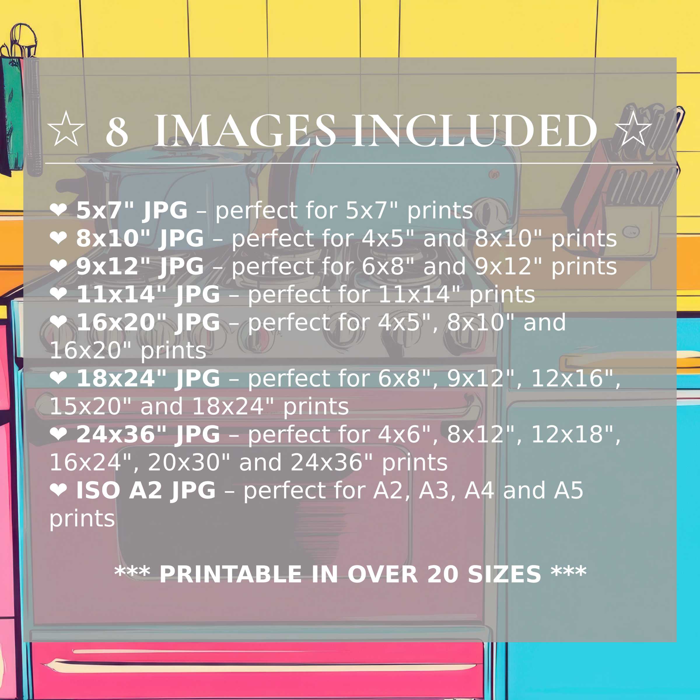 Radiant pop art digital print in vibrant yellow, teal, and coral tones, elevating modern interiors with bold style Includes 8 high-quality sizes in one download, ensuring versatile display options for sophisticated settings