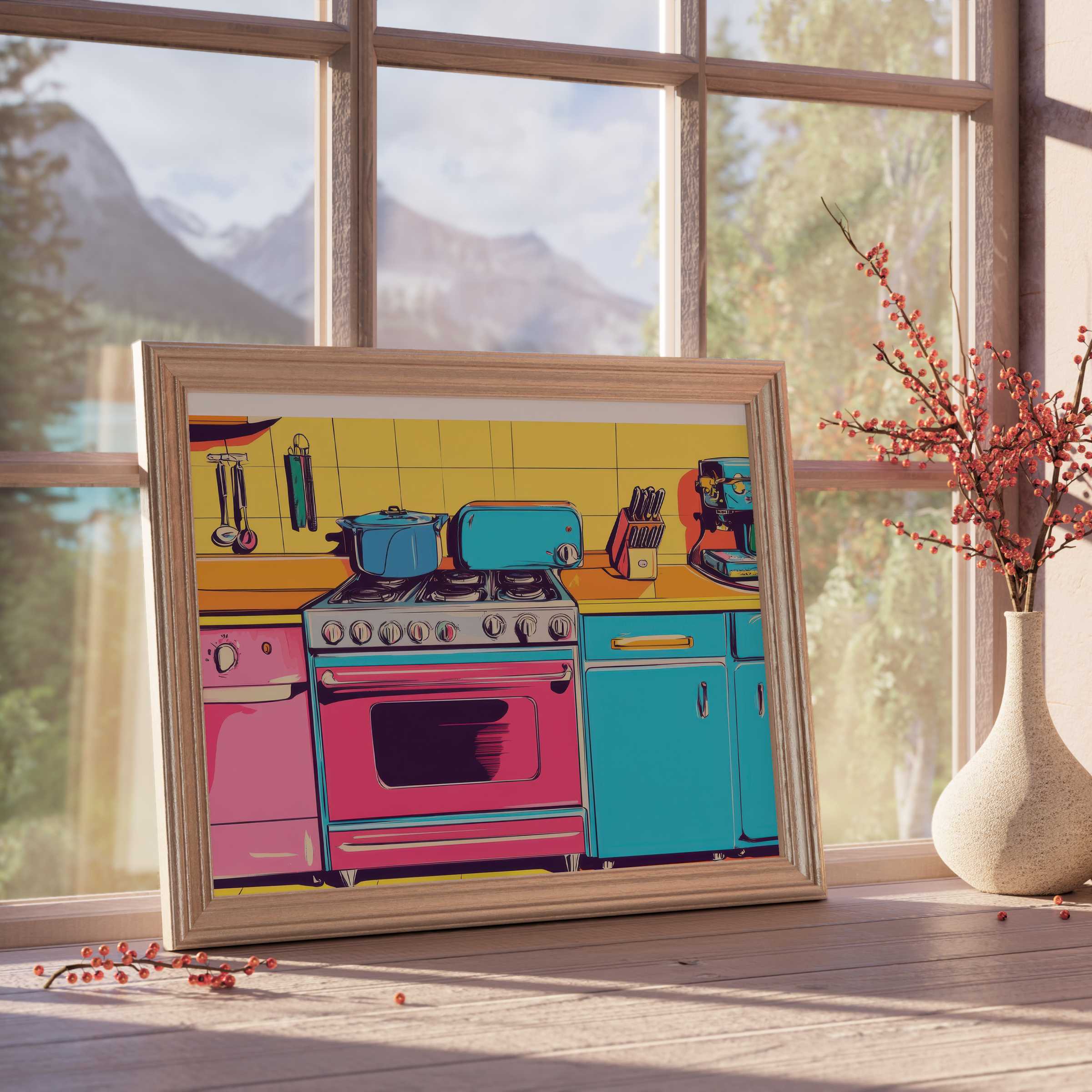 Vibrant pop art downloadable art capturing a retro kitchen scene, infusing curated, stylish interiors with playful color and warmth