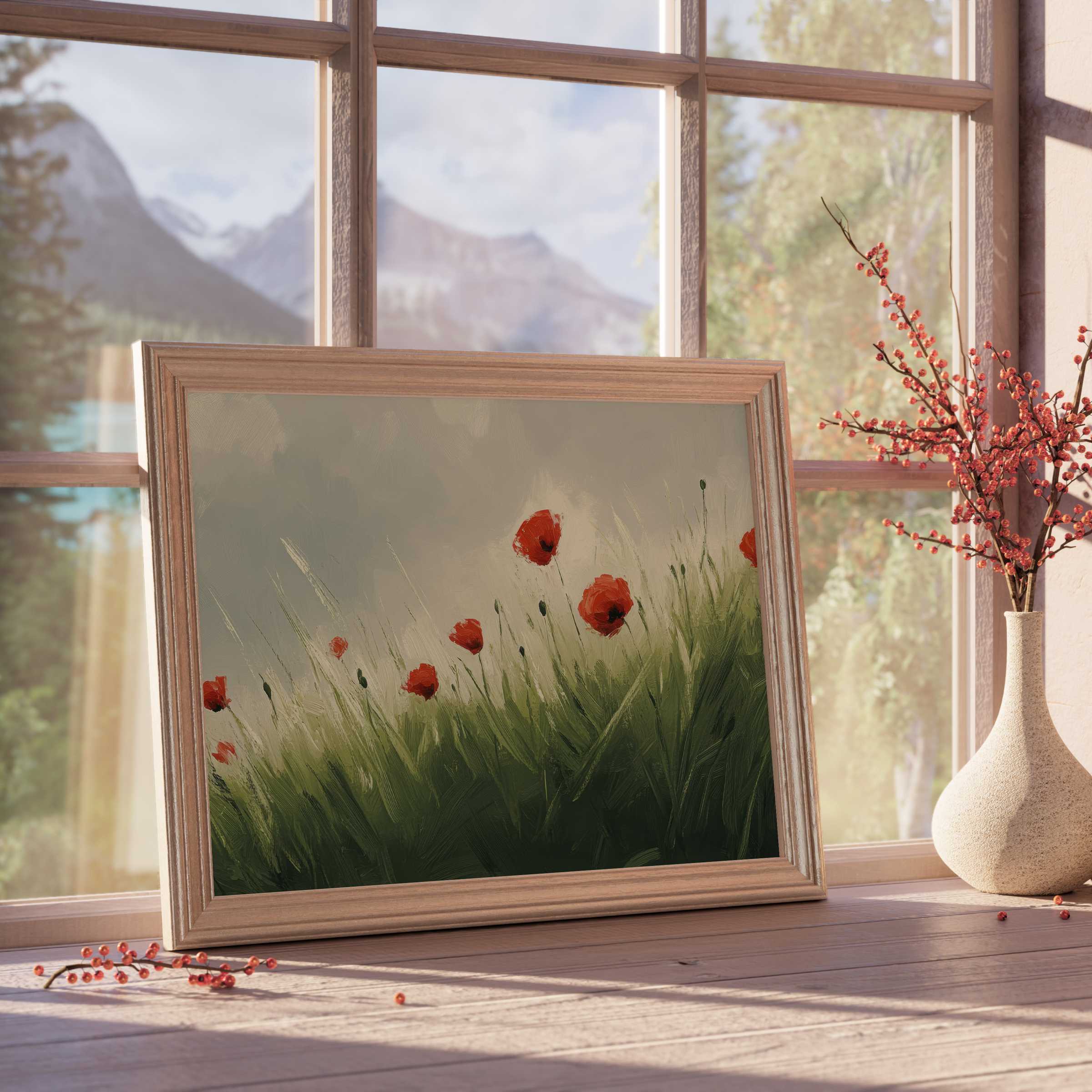 Spring downloadable art featuring vibrant red poppies and lush greenery, elevating serene, design-forward interiors with timeless elegance
