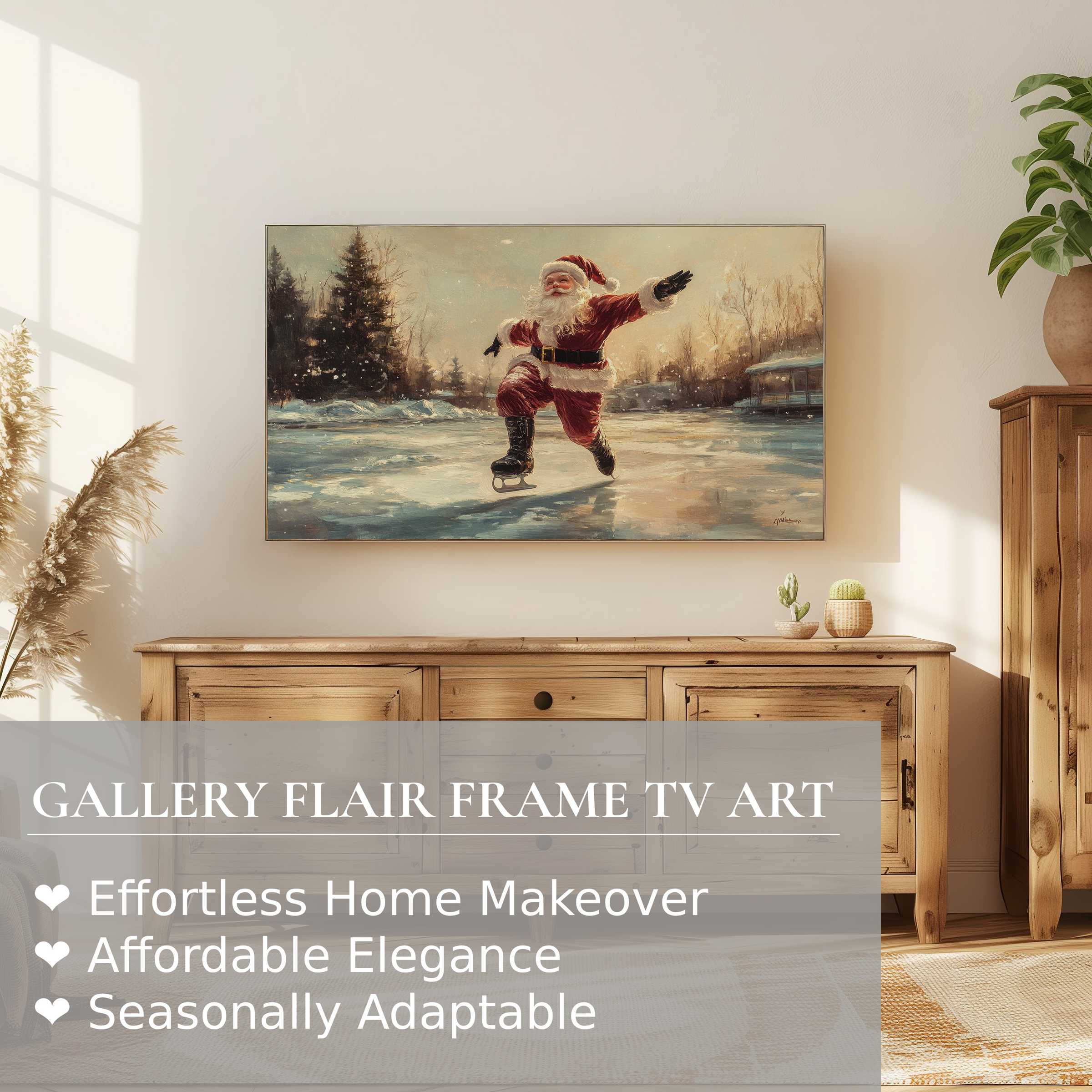 Samsung Frame TV displays elegant christmas digital artwork of Santa ice skating in a warm, stylish living space