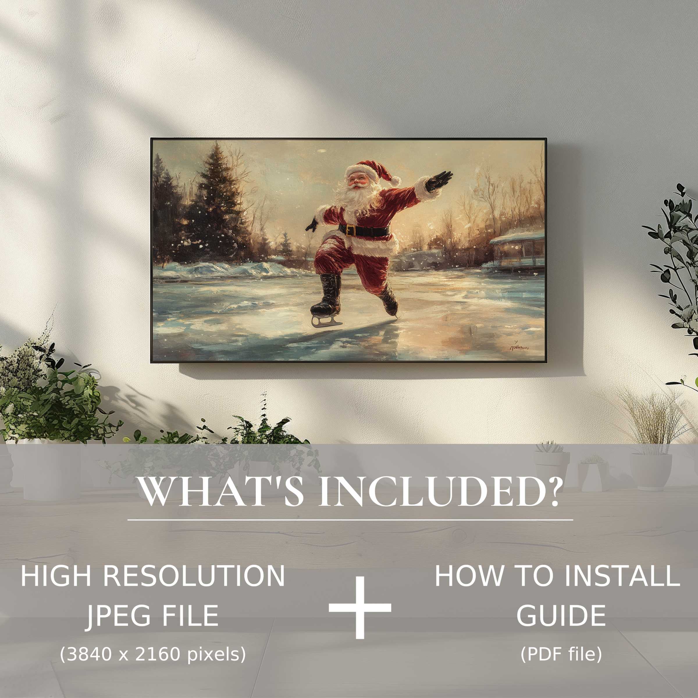 Elegant christmas digital TV art download showcasing Santa skating, easily enhancing stylish living spaces with digital ease