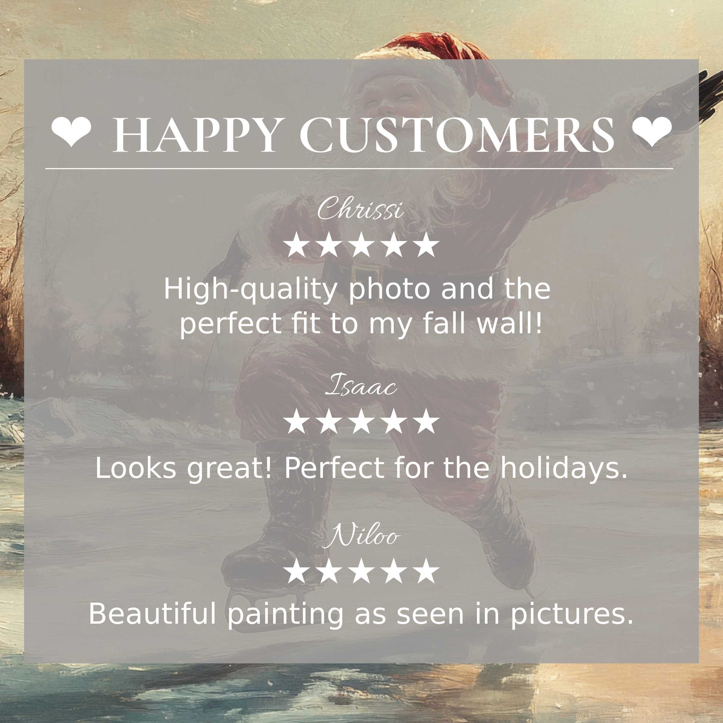 christmas art for Frame TV with warm vintage tones, showcasing happy customer reviews and elegant, trust-building layout