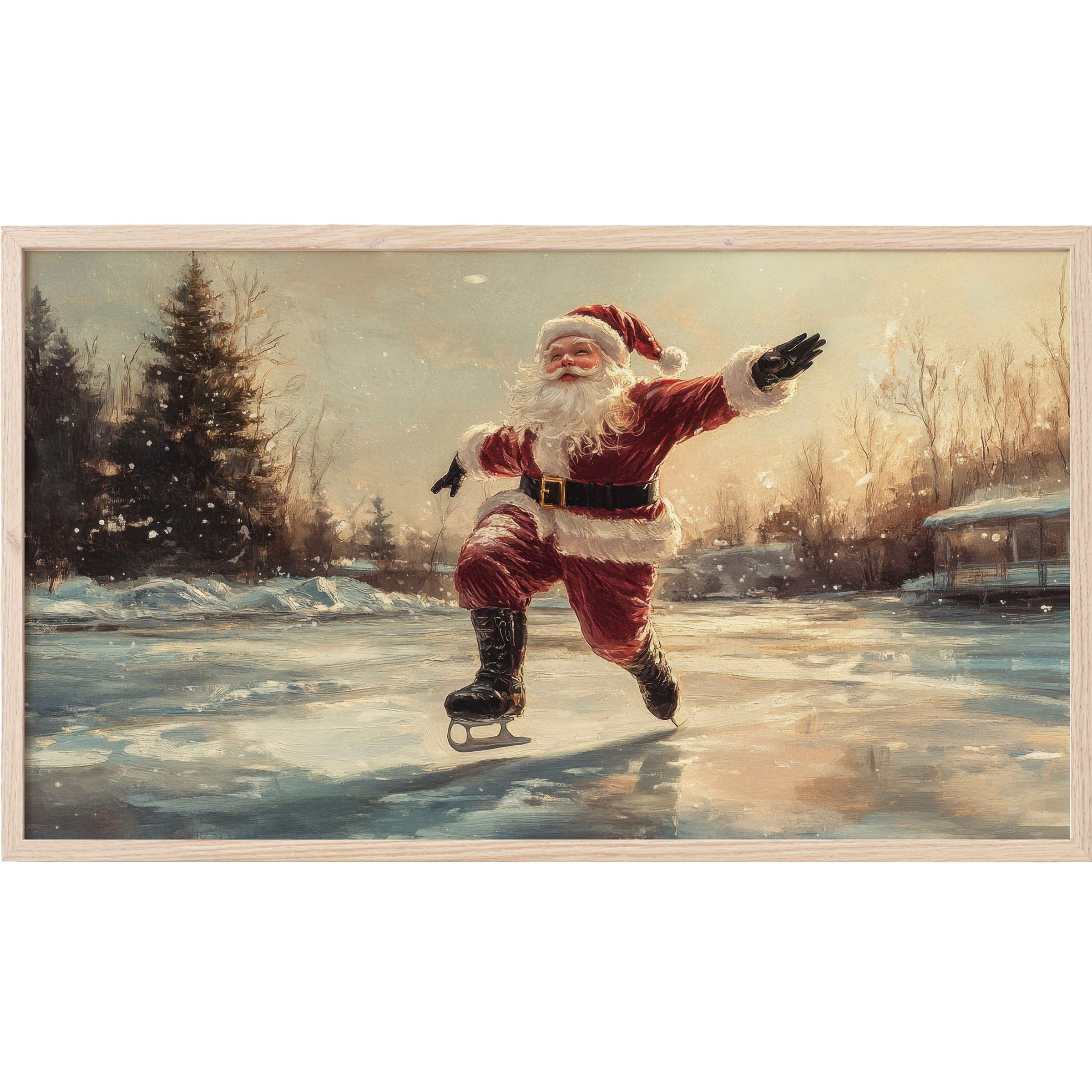 Graceful Santa skating on icy lake at sunset with warm tones and soft brushstrokes, perfect christmas Frame TV Art