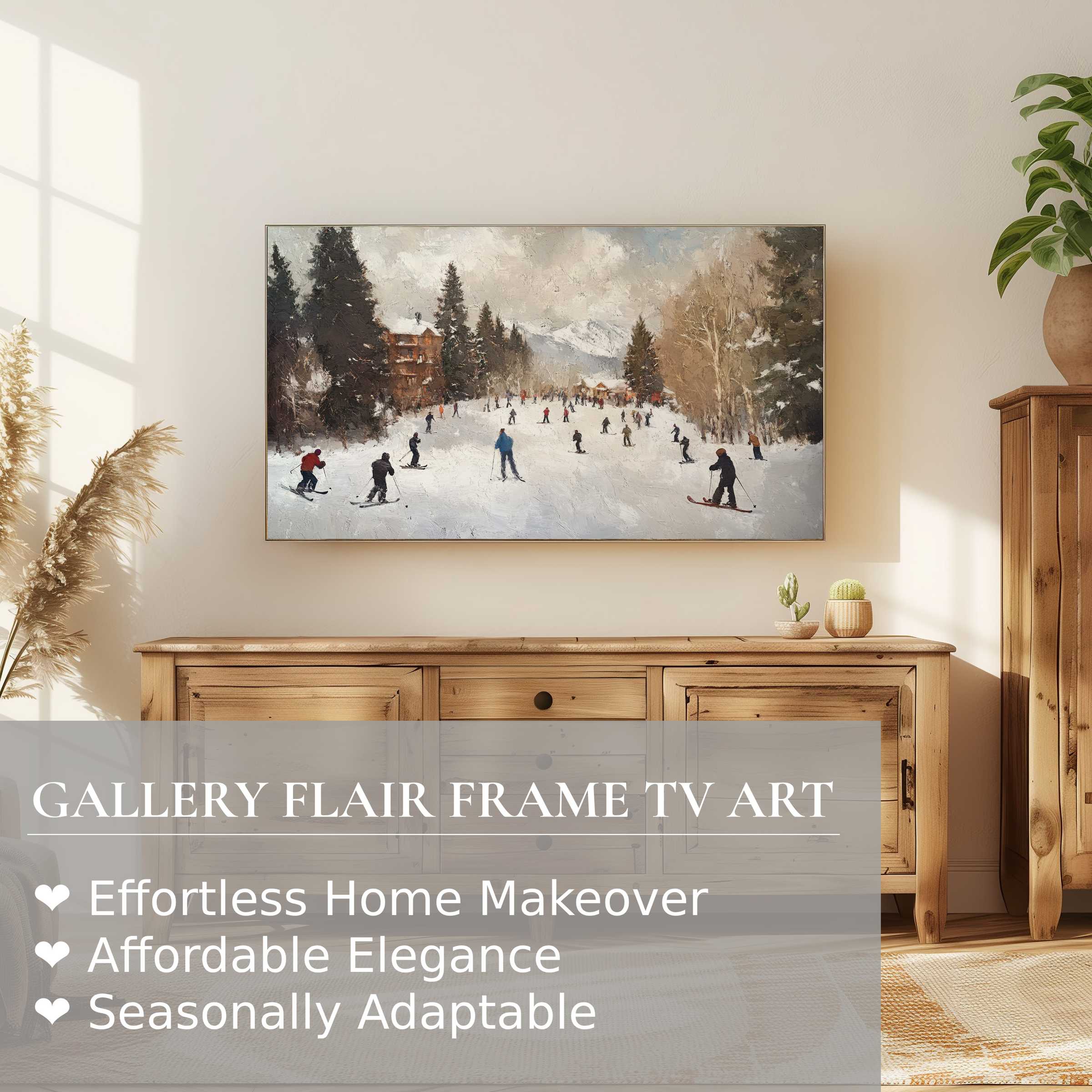 Elegant winter digital artwork of skiers in snow, perfectly displayed on Samsung Frame TV in a modern, cozy setting