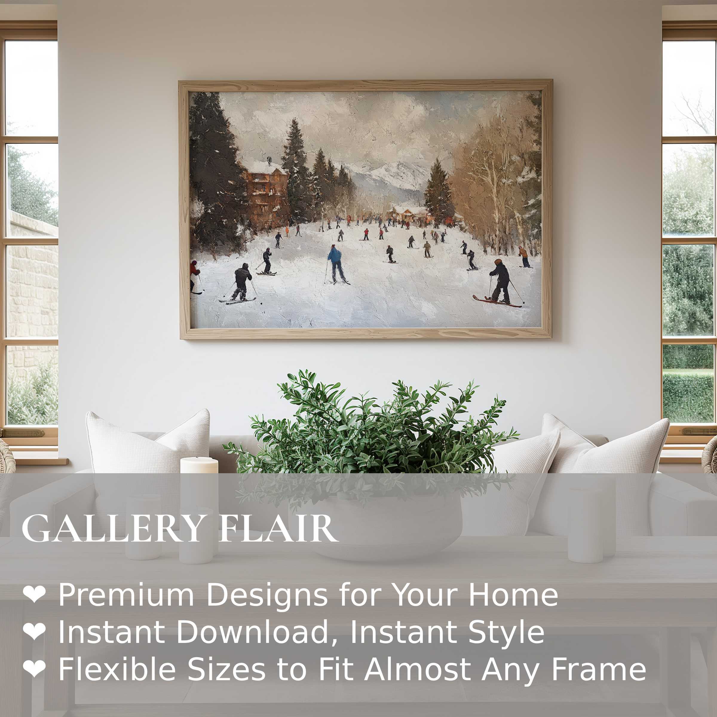 Winter wall art print capturing a serene mountain ski scene with muted tones, adding calming sophistication to modern minimalist living
