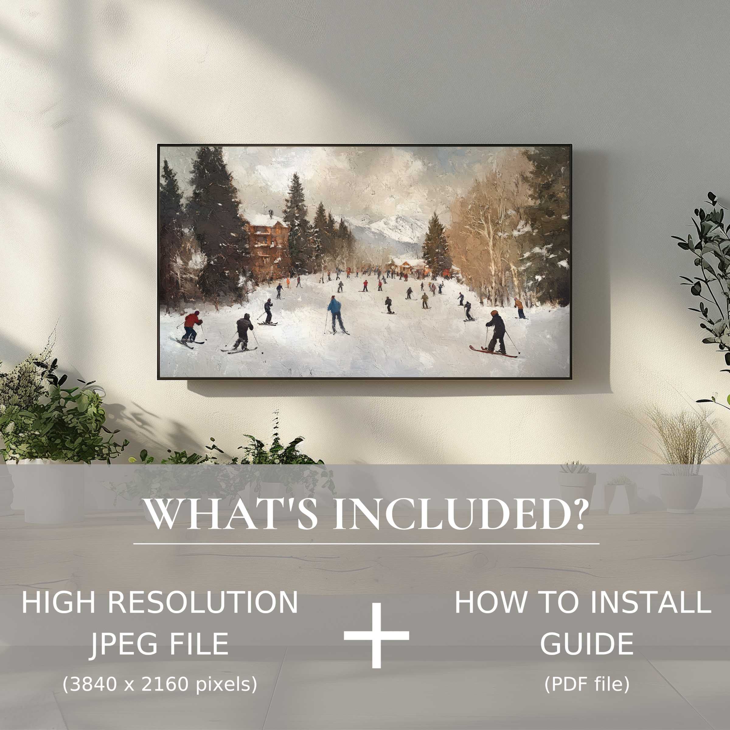 Elegant winter digital TV art download featuring skiing scene, easy digital use to elevate modern living spaces