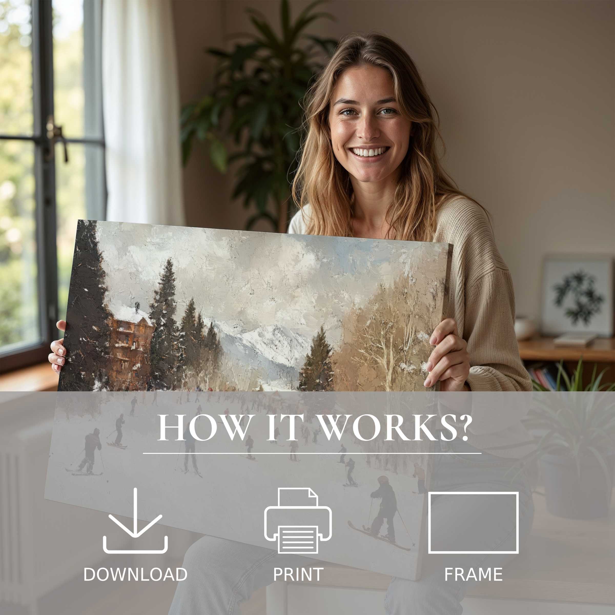 Woman in a sunlit modern home, cherishing a winter digital art print that evokes serene connection and timeless joy
