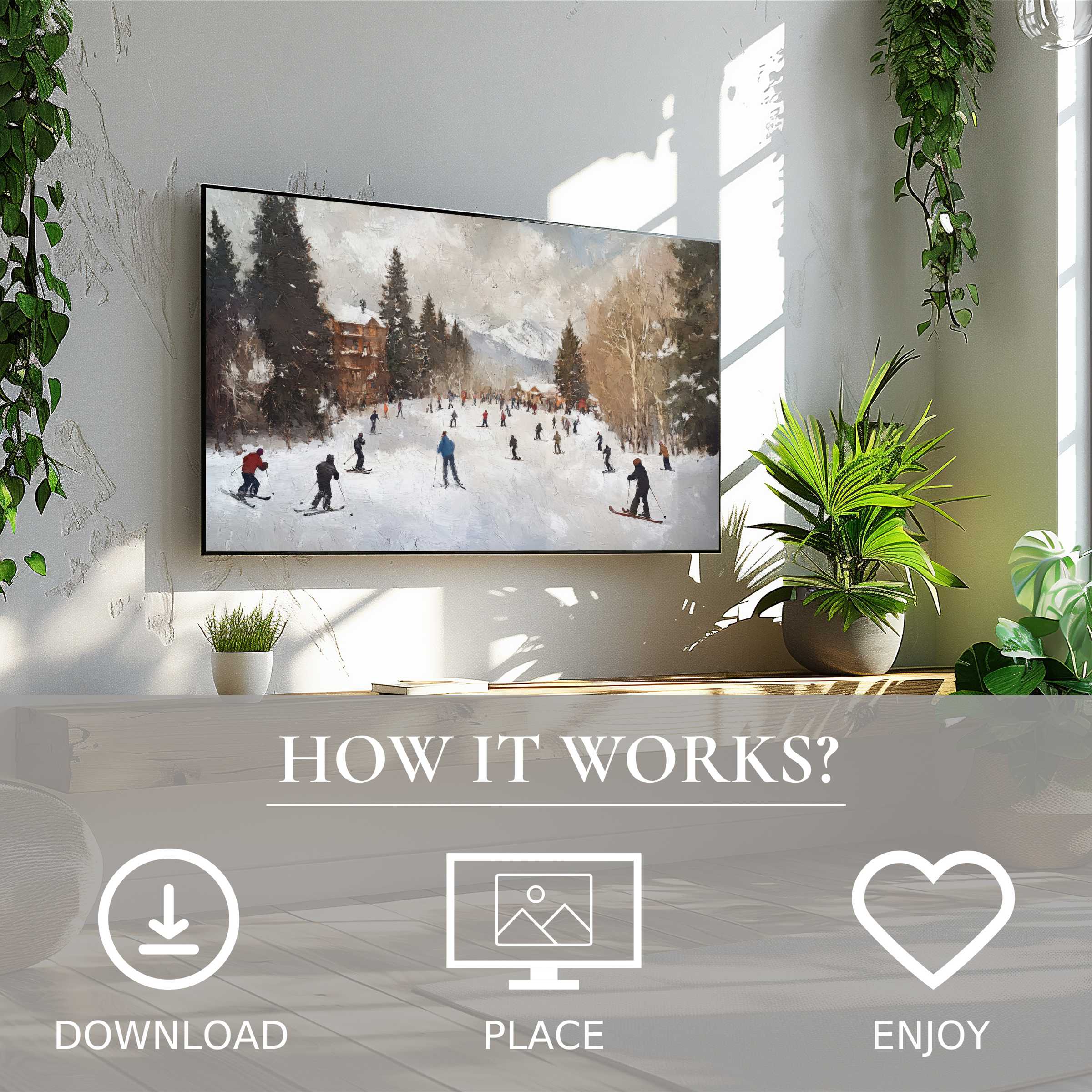 Winter art for Samsung TV showing a snowy ski scene with soft tones, easy digital download, enriching your modern living space