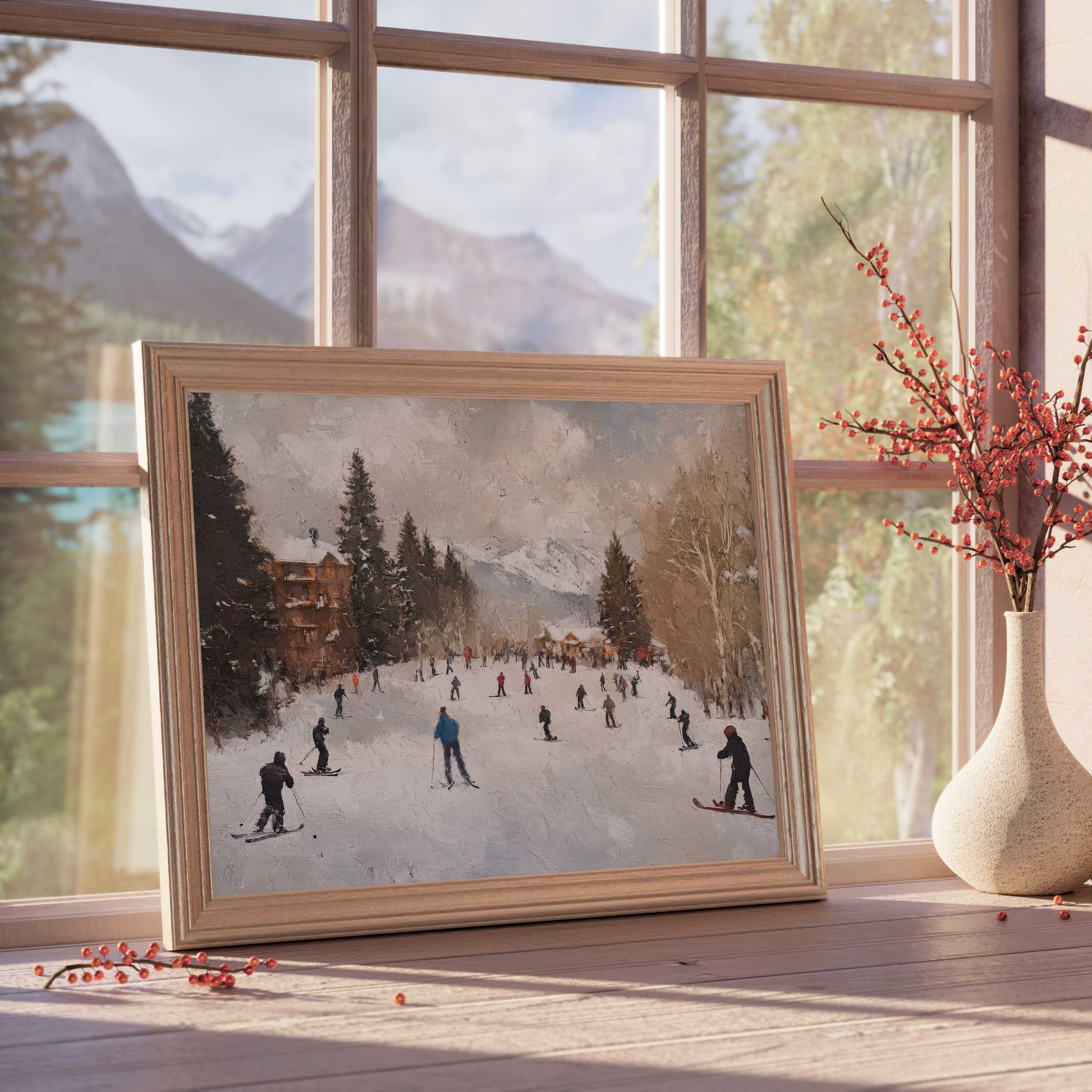 Winter downloadable art capturing a serene ski scene, infusing elegant rooms with tranquil mountain charm and curated seasonal warmth