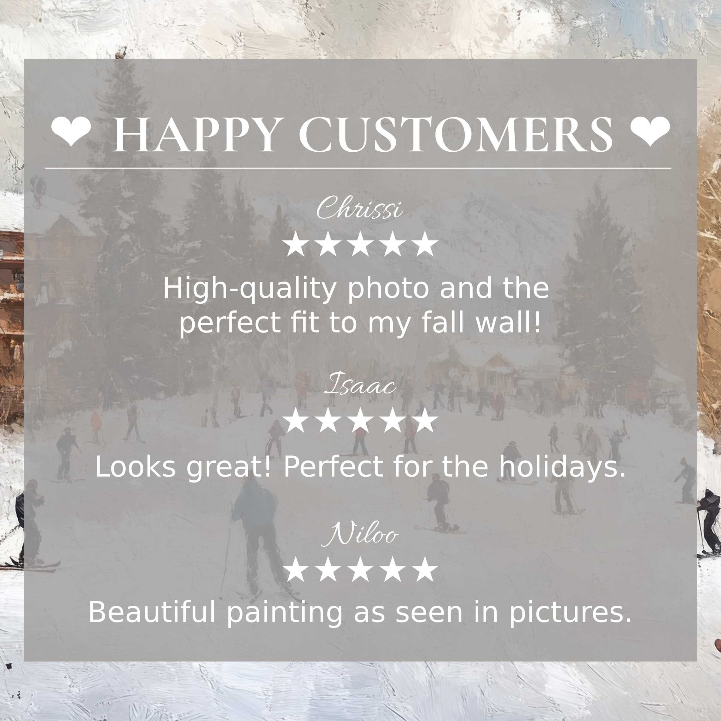 Winter art for Frame TV with snowy forest scene, happy customer reviews that inspire elegance and trust