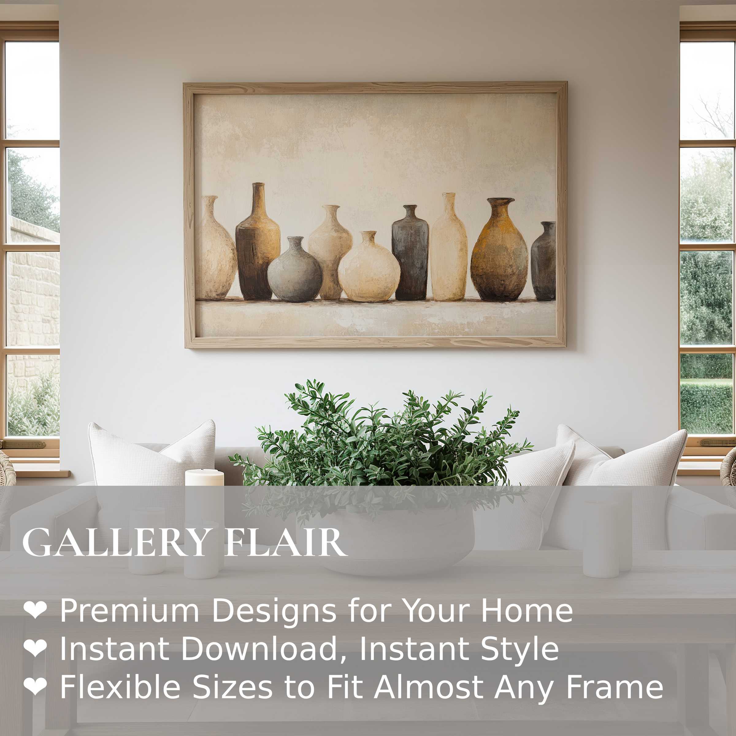 Boho wall art print featuring a serene collection of earthy-toned vases, enhancing modern minimalist and natural decor with calming, organic warmth