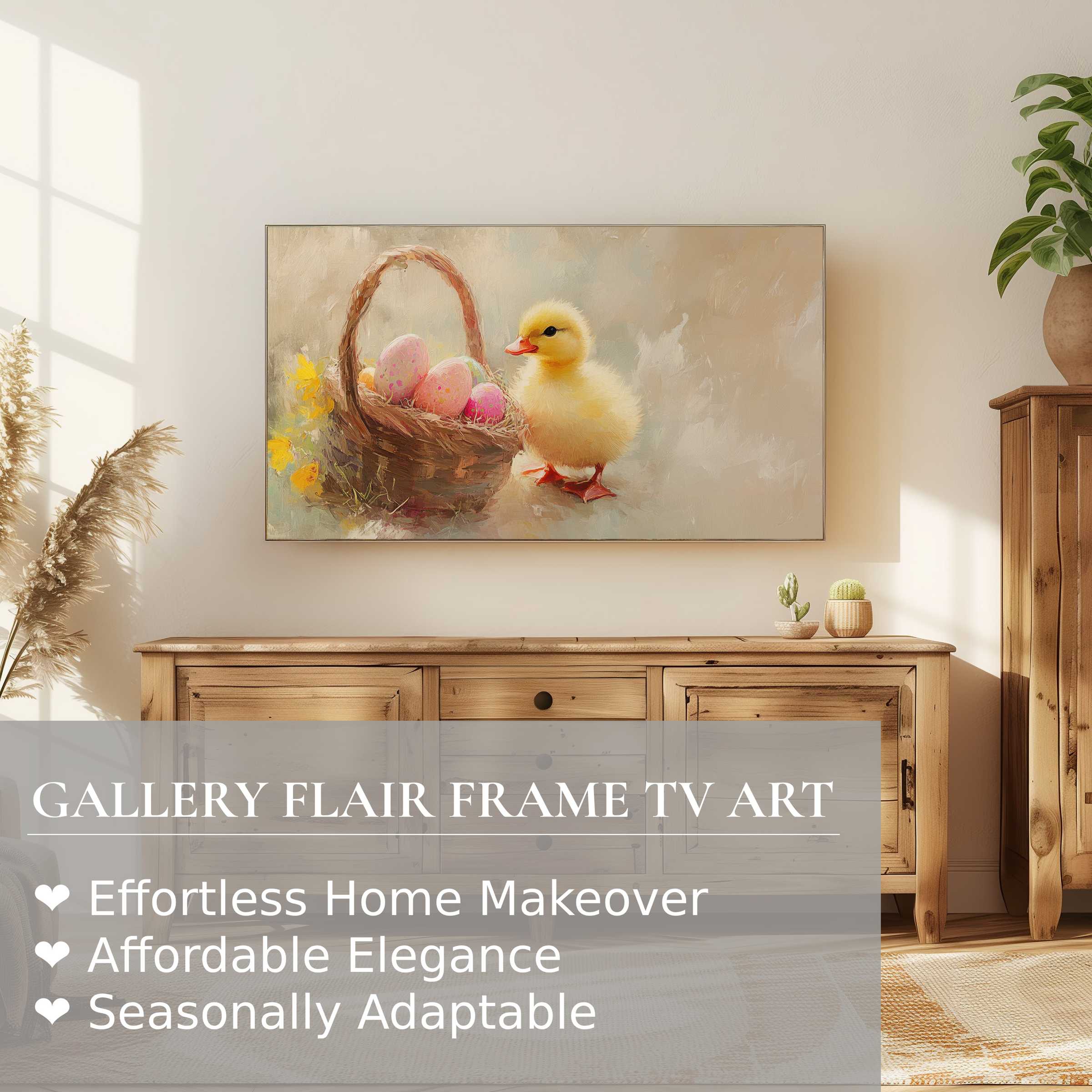 Samsung Frame TV displaying elegant easter digital artwork of a chick and pastel eggs in a warm, modern setting