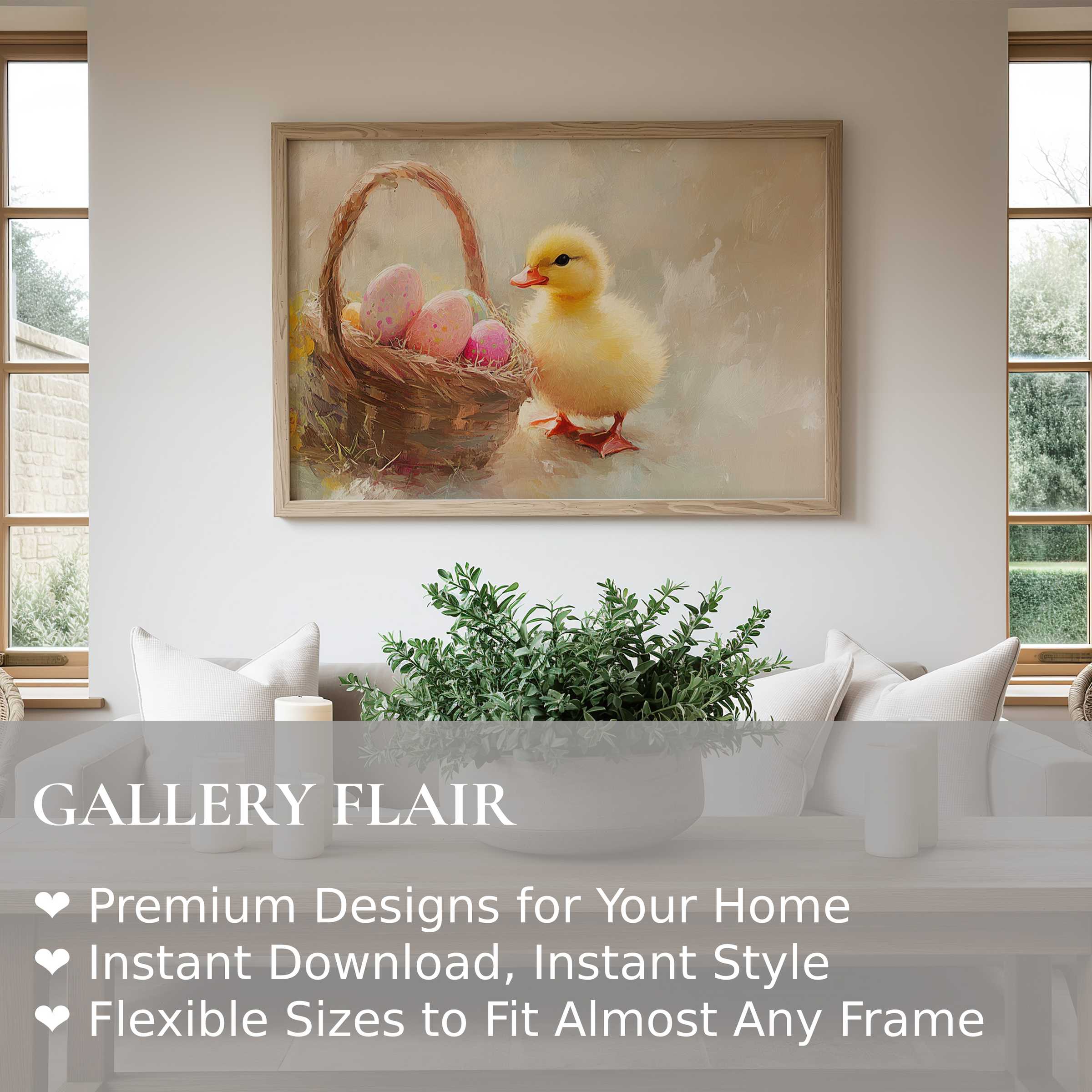 Easter wall art print featuring a soft, radiant duckling and pastel eggs in a cozy, modern farmhouse living space