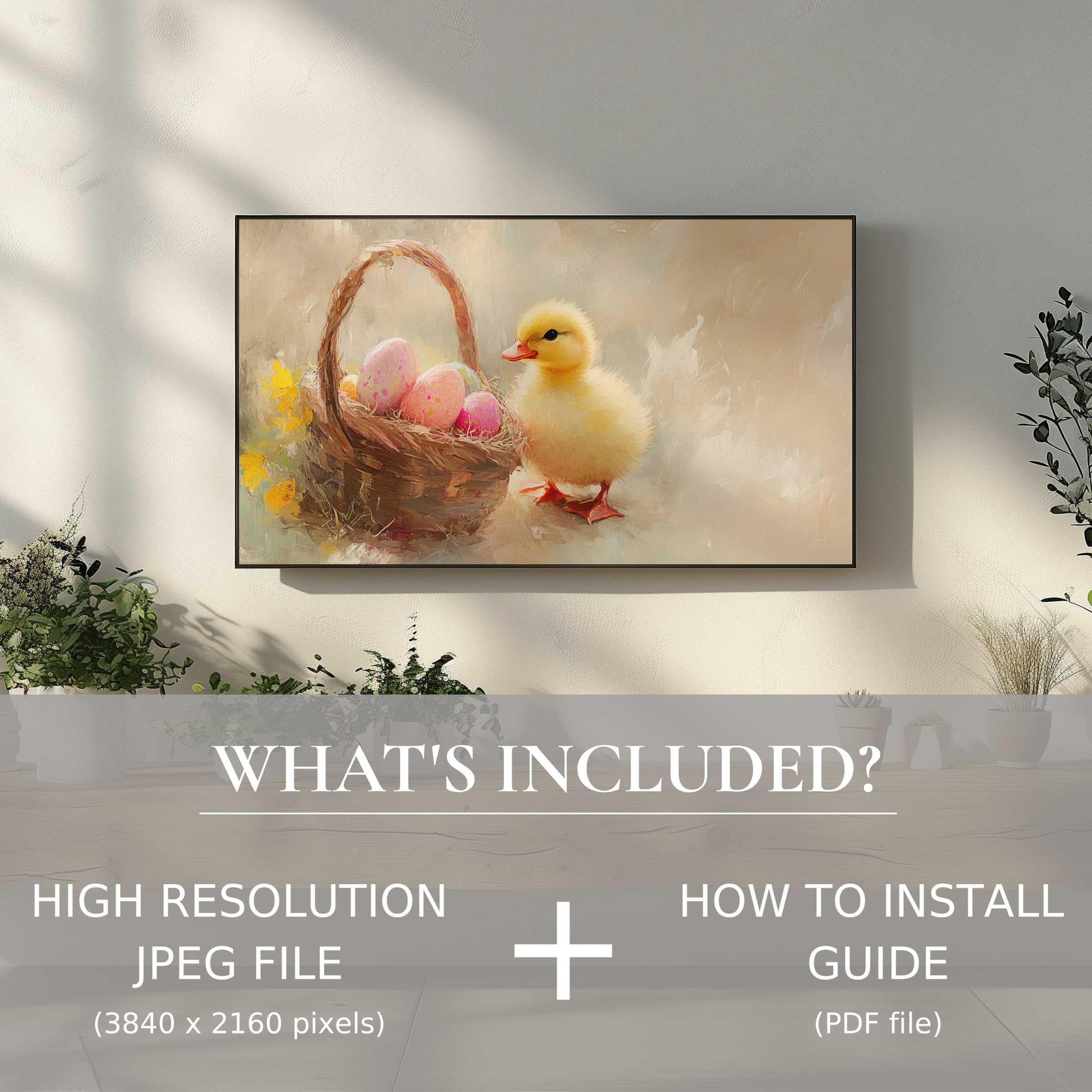 Elegant easter digital TV art download featuring a chick and basket, enhancing living spaces with easy digital use